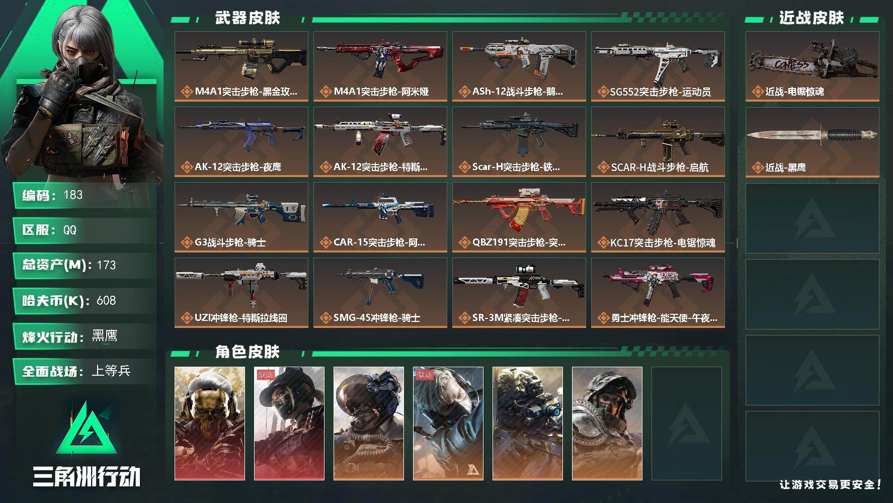 三角洲行动账号QQ【LX91655】【总资产：173.8m，流动资产：131.7m-2干员红皮：红狼 蚀金玫瑰，露娜 