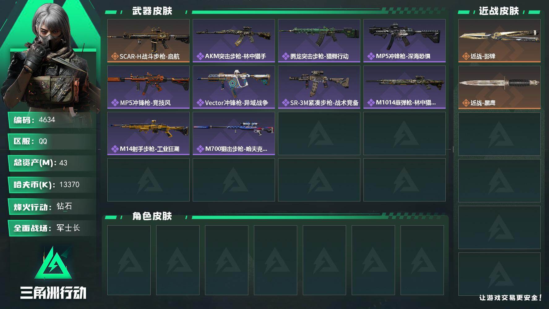 三角洲行动账号QQ总资产(M)：43M/哈夫币(K)：13370K/哈夫币(K)：13370K/传说枪皮数：1/全面战