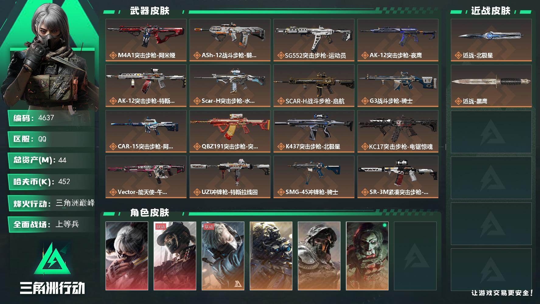 三角洲行动账号QQ总资产(M)：44M/哈夫币(K)：452K/哈夫币(K)：452K/传说枪皮数：25/全面战场等级