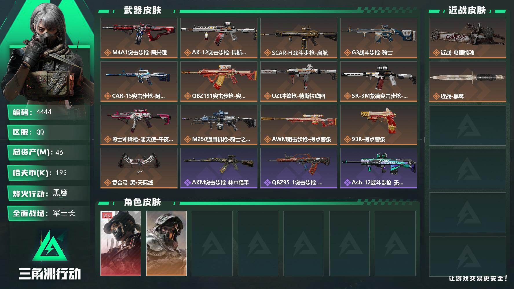 三角洲行动账号QQ总资产(M)：46M/哈夫币(K)：193K/哈夫币(K)：193K/传说枪皮数：13/全面战场等级
