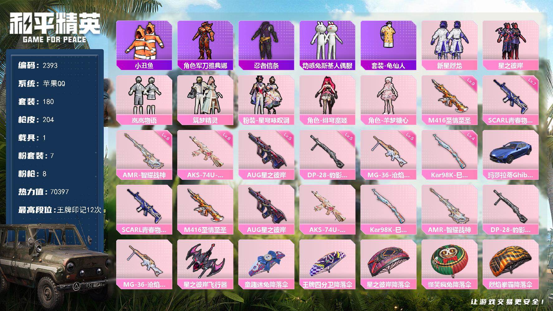 和平精英账号苹果QQ1载具-180套装-204枪皮-180套装/枪械8/装备233/载具1/战备148/王牌印记12/热