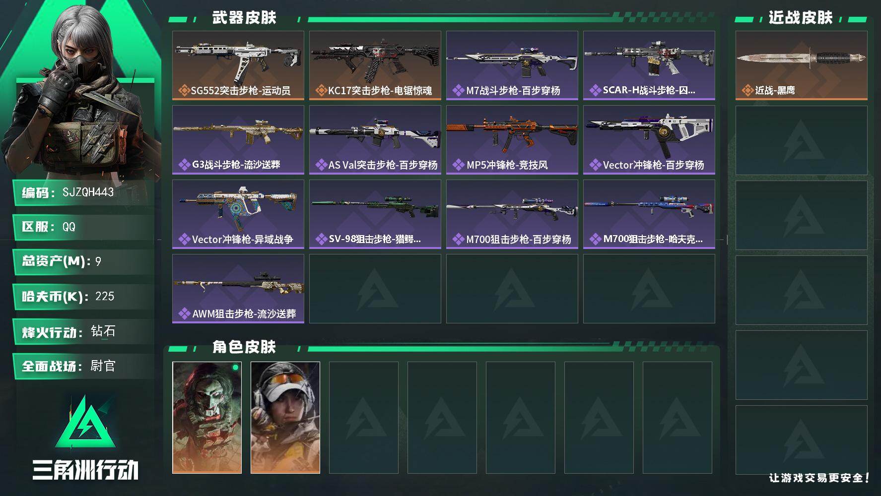 三角洲行动账号QQ【SJZQH443】总资产(M)：9M/哈夫币(K)：225K/哈夫币(K)：225K/传说枪皮数：2/全面战场等级：31_段位：尉官/烽火地带等级：60_段位：钻石/红狼-电锯惊魂/露娜-金牌射手