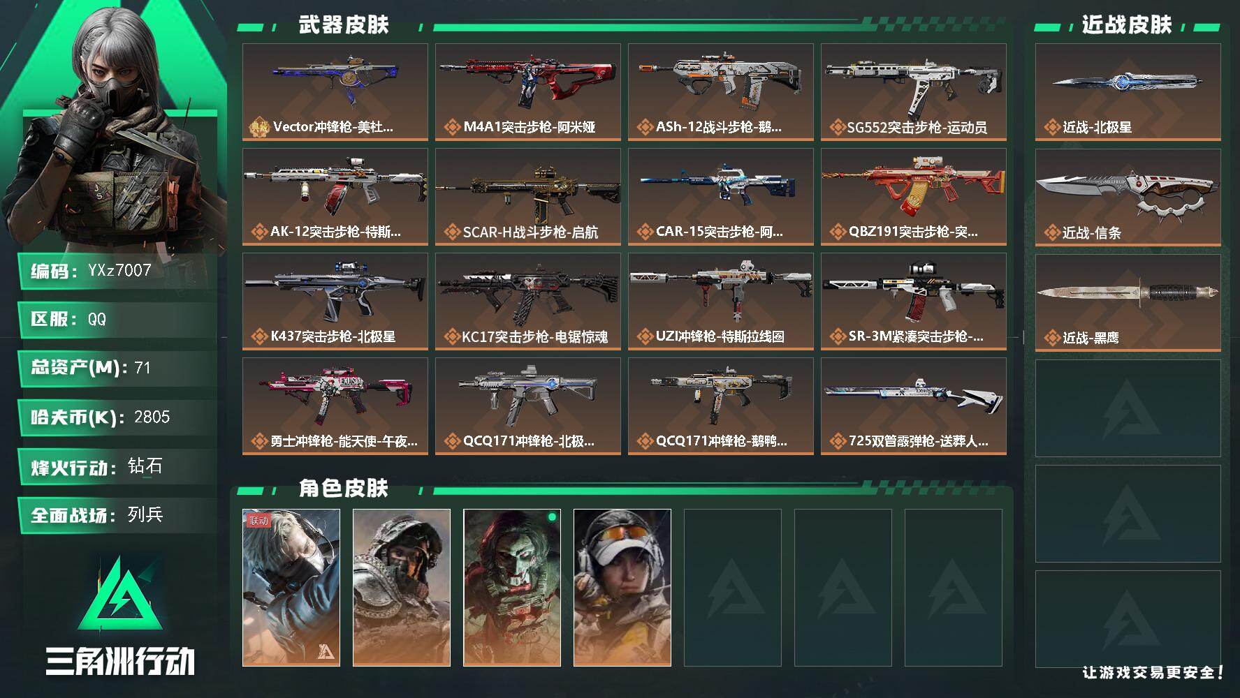 三角洲行动账号QQ【热门皮肤搭配组合：双刀皮+单典藏枪皮-北极星+信条+Vector冲锋枪-美杜莎（优品A)】【Q区三
