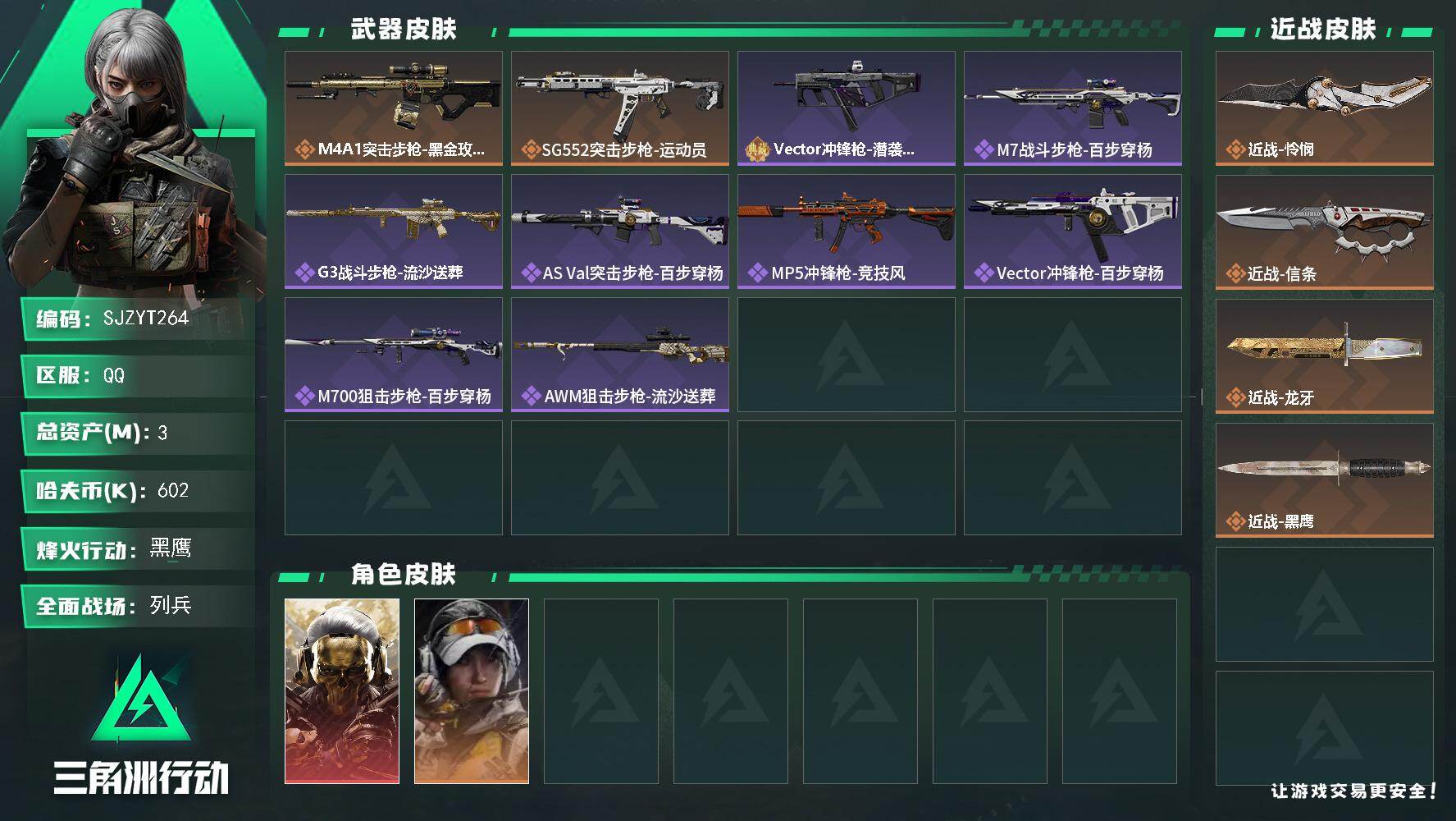 三角洲行动账号QQ【SJZYT264】总资产(M)：3M/哈夫币(K)：602K/哈夫币(K)：602K/传说枪皮数：