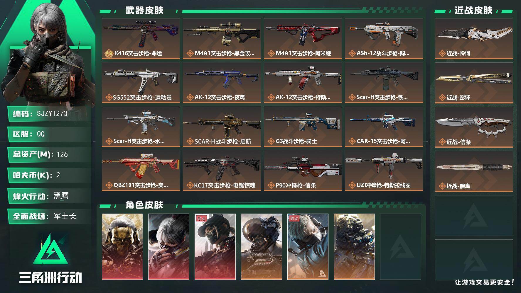 三角洲行动账号QQ【SJZYT273】总资产(M)：126M/哈夫币(K)：2K/哈夫币(K)：2K/传说枪皮数：27/全面战场等级：40_段位：军士长/烽火地带等级：60_段位：黑鹰/红狼-蚀金玫瑰/骇爪-水墨云图