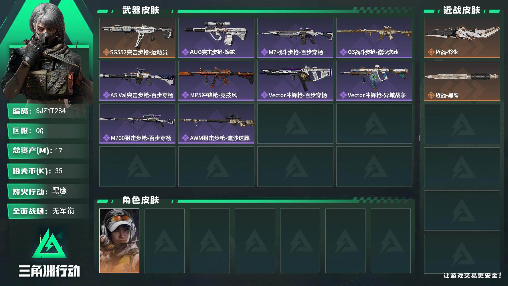 三角洲行动账号QQ【SJZYT284】总资产(M)：17M/哈夫币(K)：35K/哈夫币(K)：35K/传说枪皮数：1