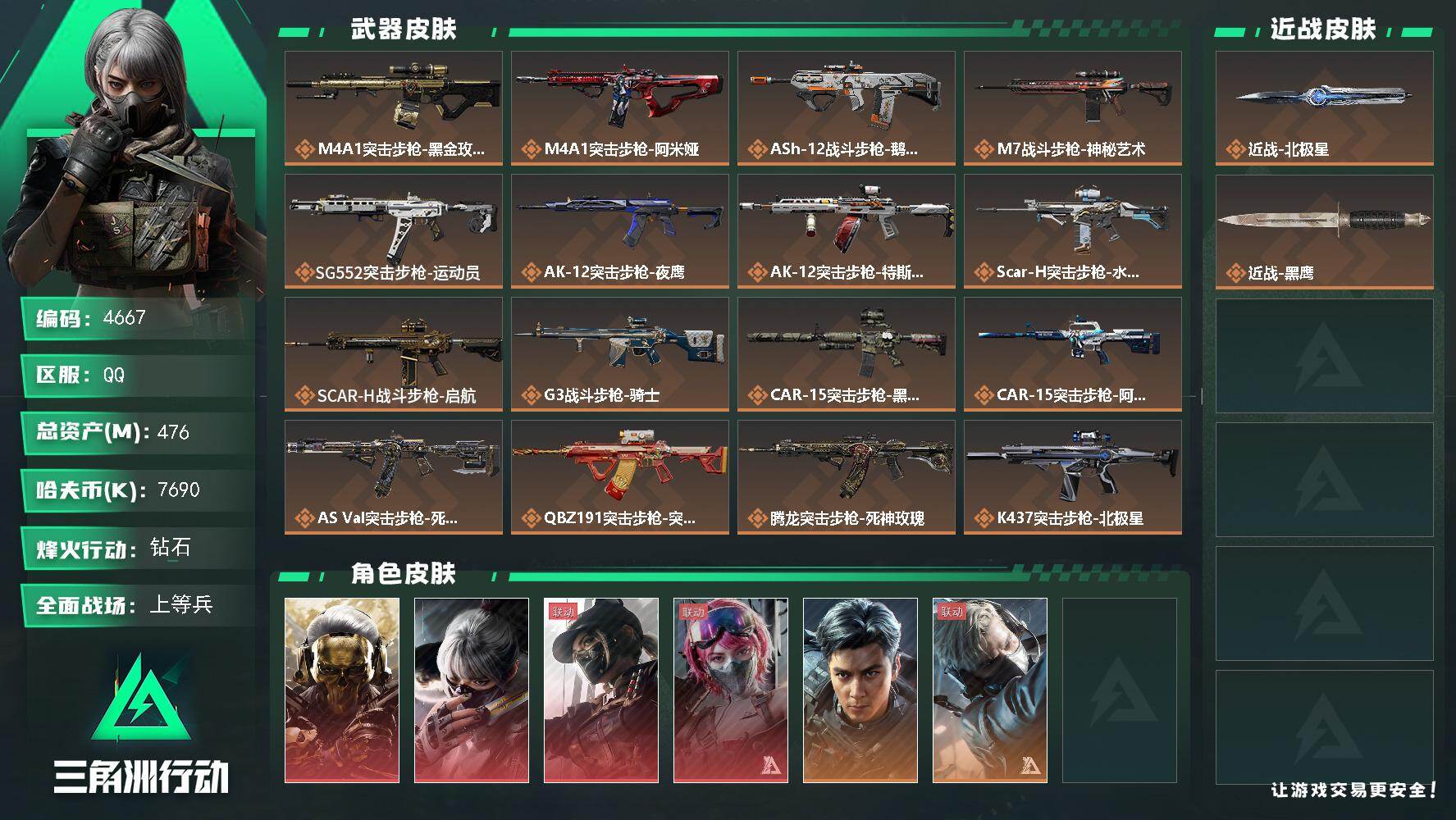 三角洲行动账号QQ总资产(M)：476M/哈夫币(K)：7690K/哈夫币(K)：7690K/传说枪皮数：32/全面战