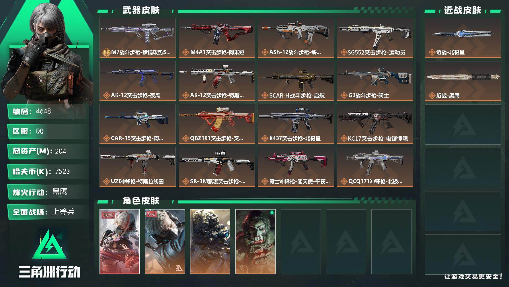 三角洲行动账号QQ总资产(M)：204M/哈夫币(K)：7523K/哈夫币(K)：7523K/传说枪皮数：24/全面战