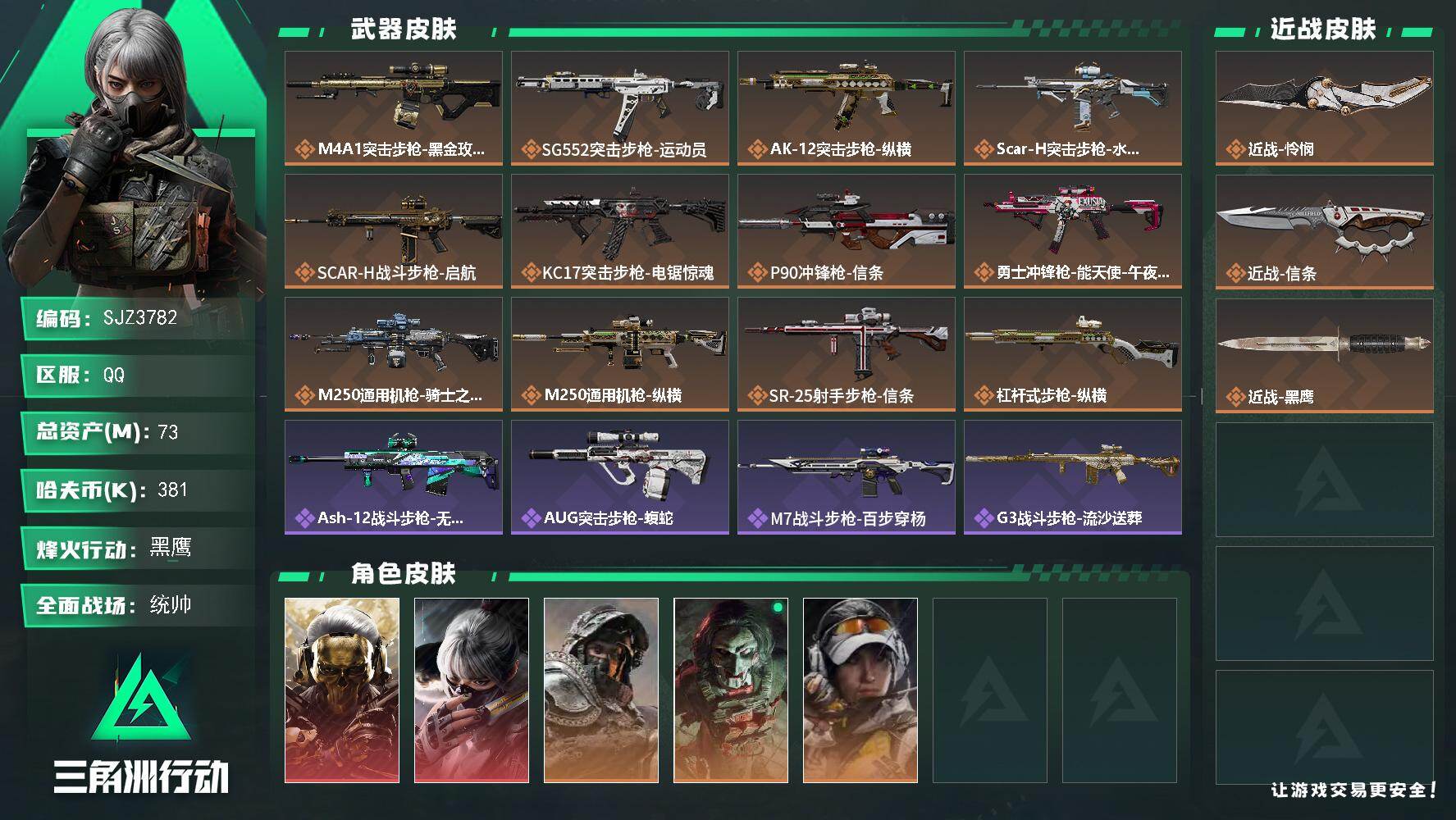 三角洲行动账号QQ【SJZ3782】总资产(M)：73M/哈夫币(K)：381K/哈夫币(K)：381K/传说枪皮数：