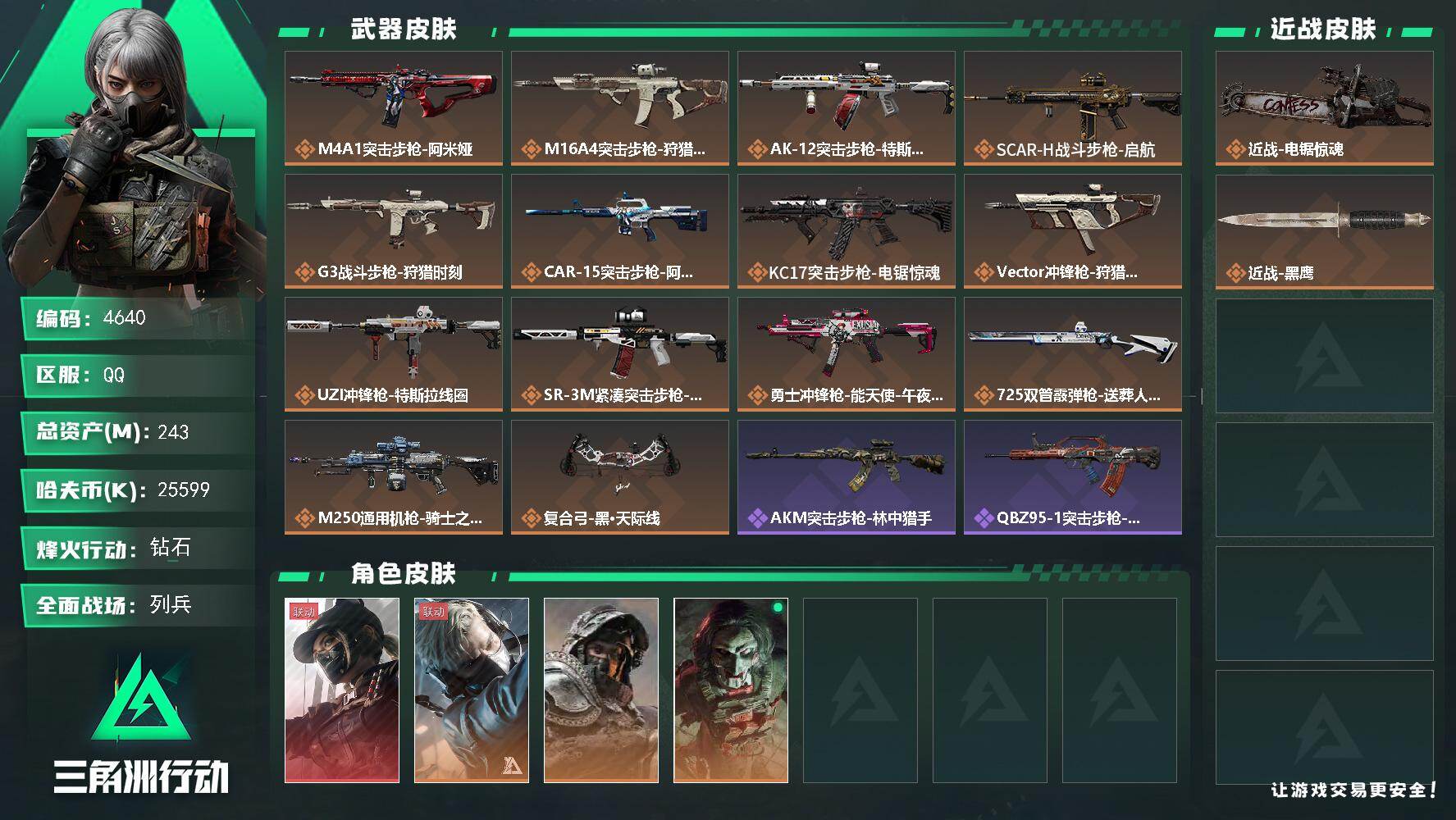 三角洲行动账号QQ总资产(M)：243M/哈夫币(K)：25599K/哈夫币(K)：25599K/传说枪皮数：14/全