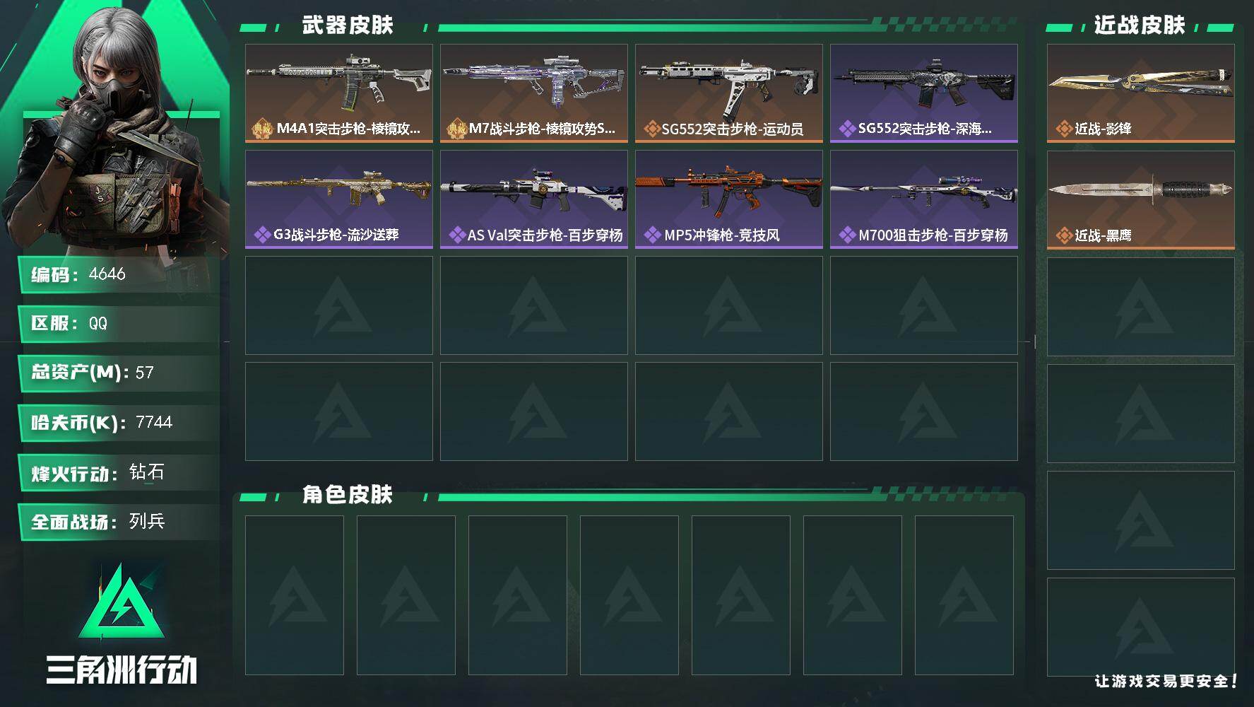 三角洲行动账号QQ总资产(M)：57M/哈夫币(K)：7744K/哈夫币(K)：7744K/传说枪皮数：3/全面战场等