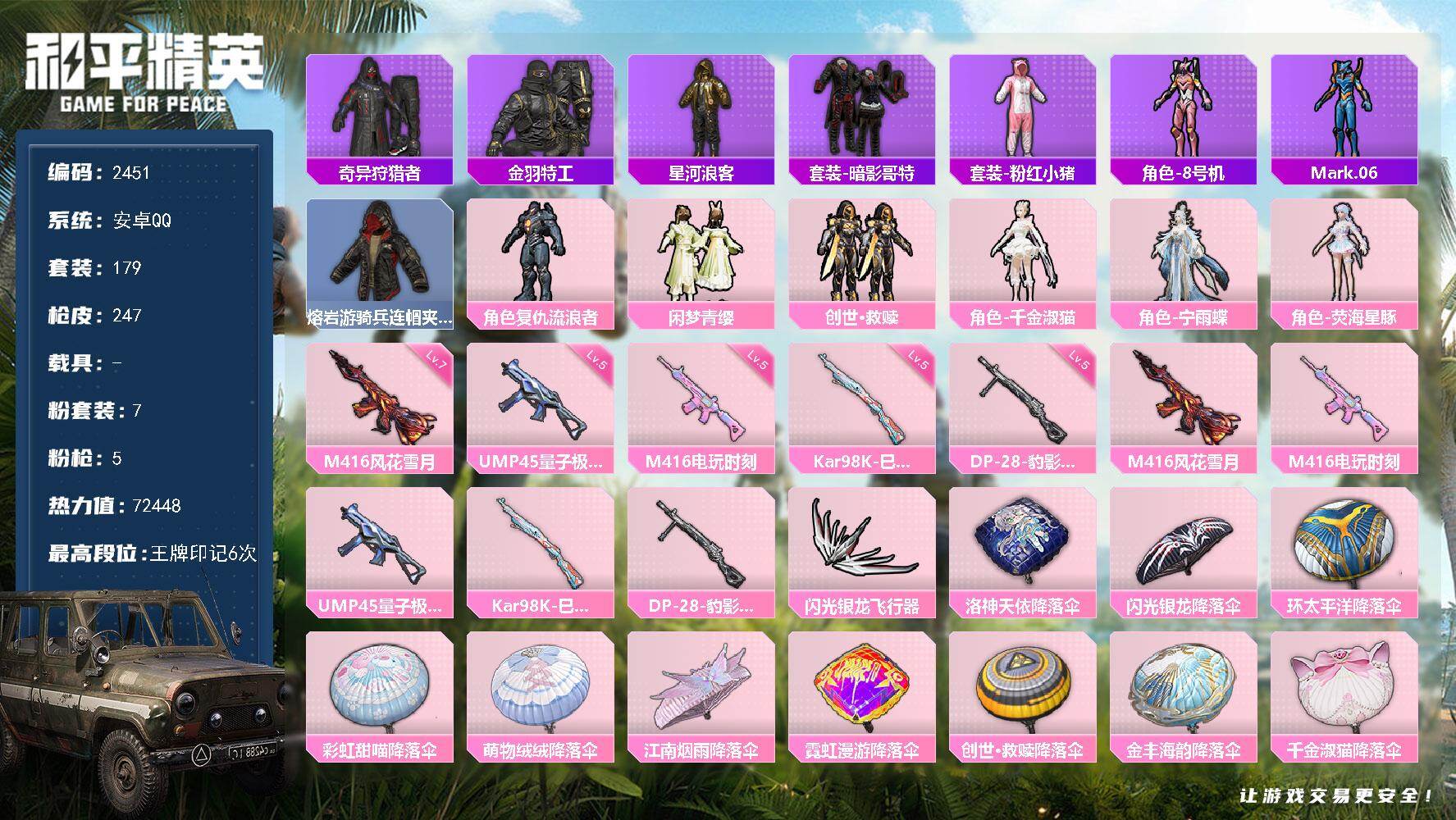 和平精英账号安卓QQ0载具-179套装-247枪皮-179套装/枪械5/装备293/战备160/王牌印记6/热力值724