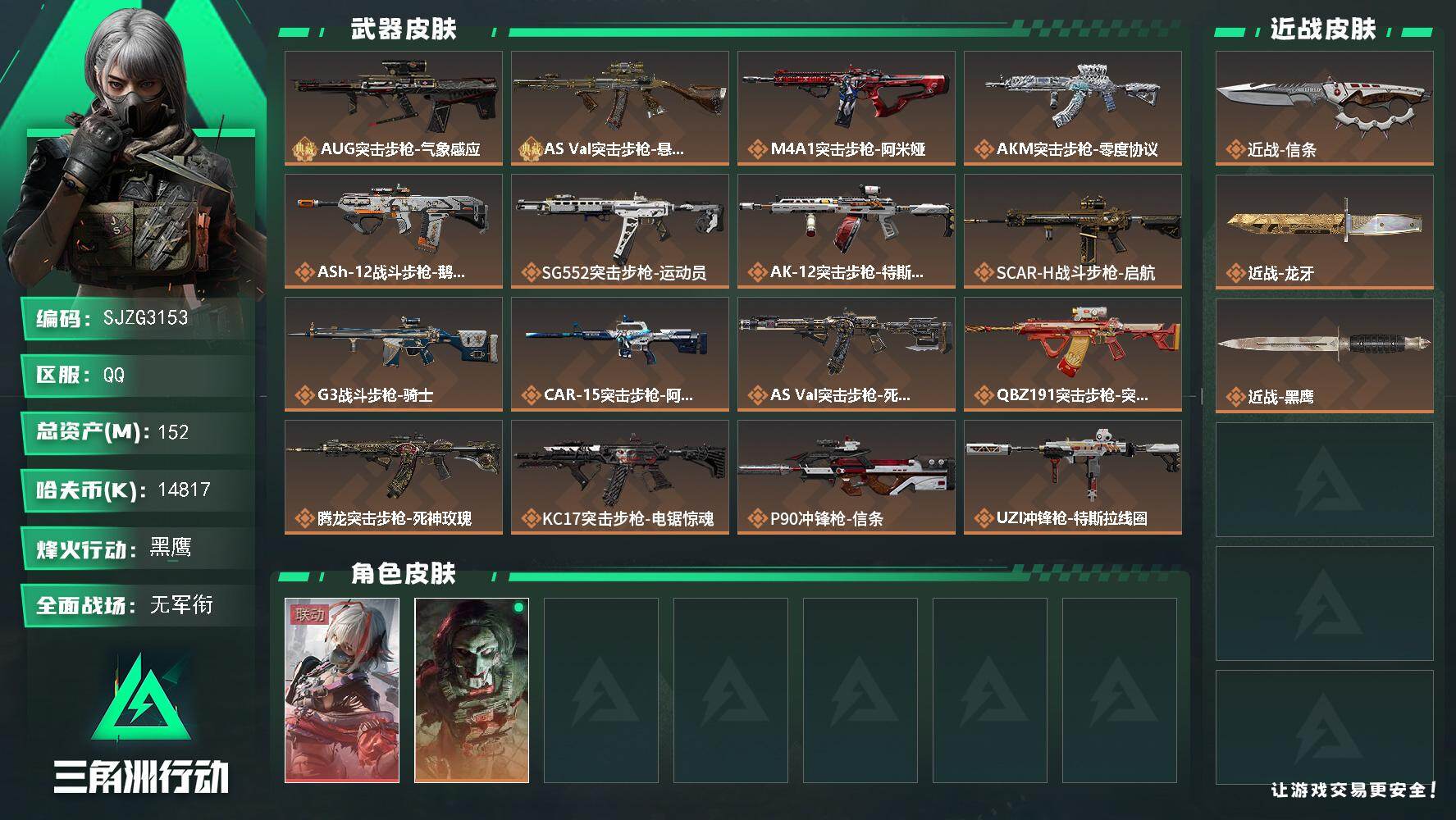 三角洲行动账号QQ【SJZG3153】总资产(M)：152M/哈夫币(K)：14817K/哈夫币(K)：14817K/