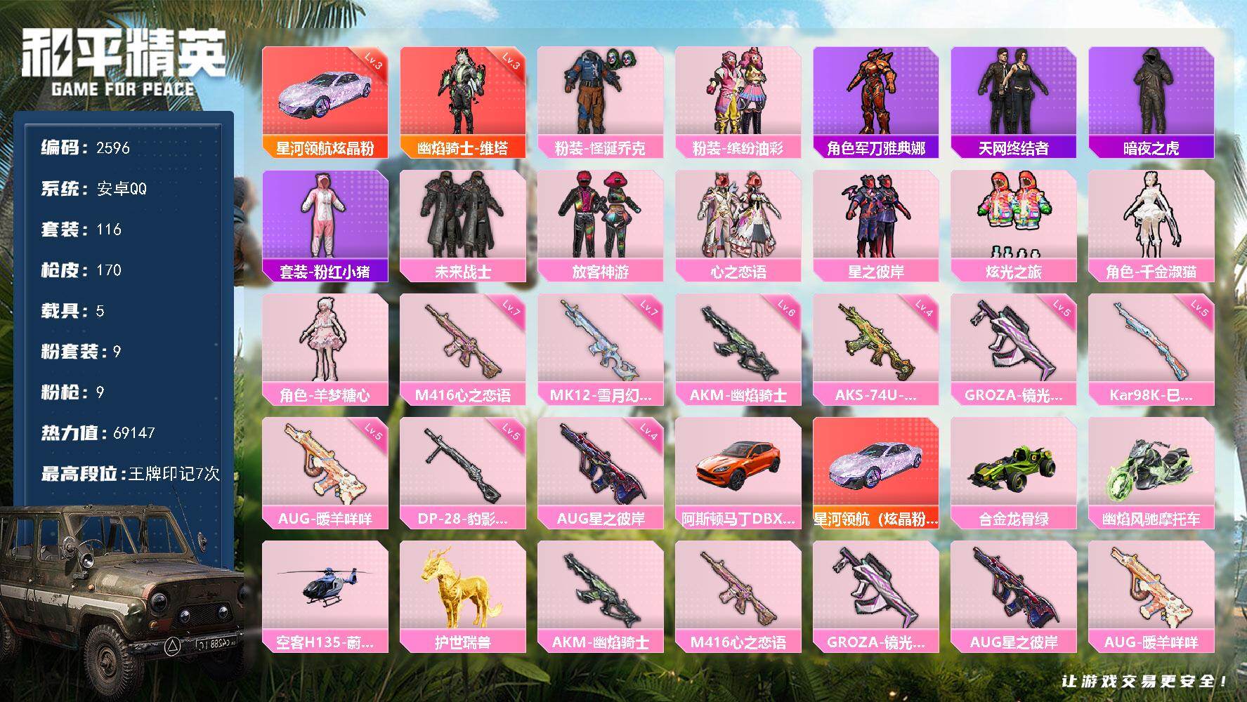 和平精英账号安卓QQ5载具-116套装-170枪皮-116套装/枪械9/装备214/载具5/战备128/王牌印记7/热力
