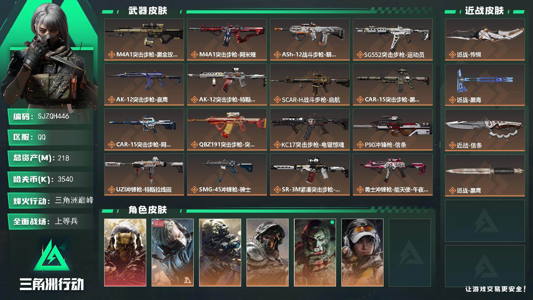 三角洲行动账号QQ【SJZQH446】总资产(M)：218M/哈夫币(K)：3540K/哈夫币(K)：3540K/传说枪皮数：25/全面战场等级：19_段位：上等兵/烽火地带等级：60_段位：三角洲巅峰/红狼-蚀金玫