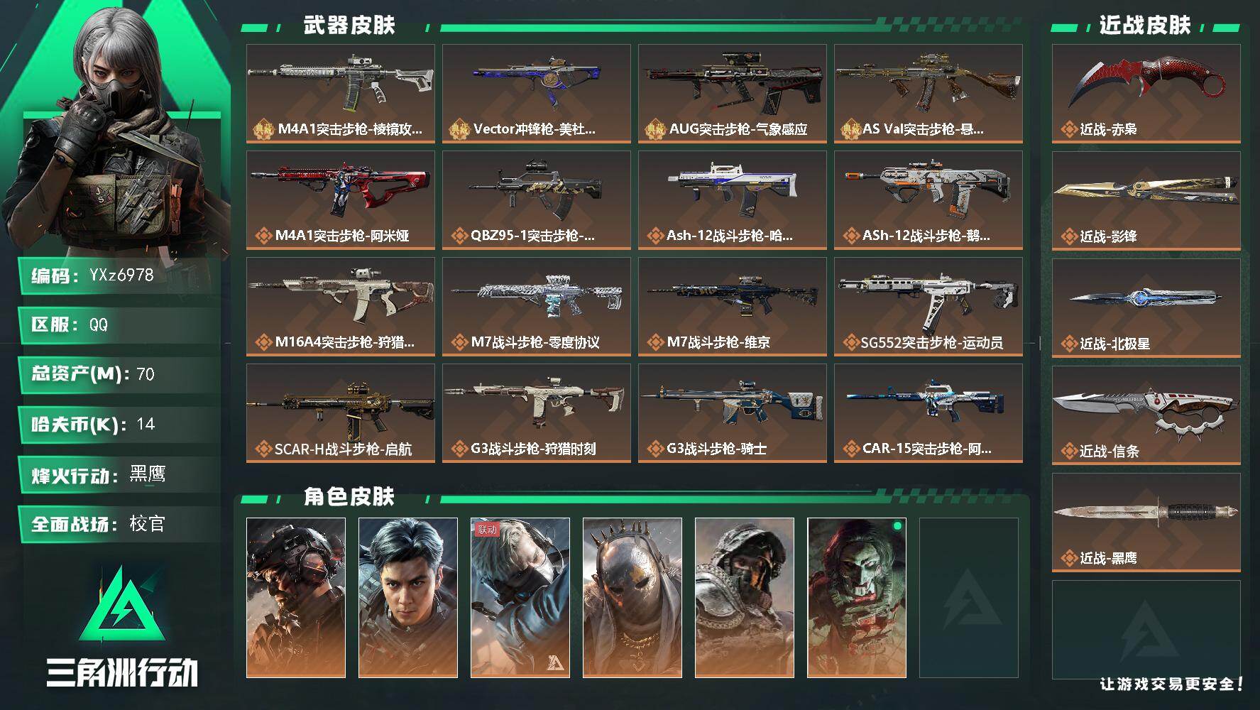 三角洲行动账号QQ【热门皮肤号：铁面判官+飞虎+四刀皮+四典藏】【赤枭.影锋.北极星.信条】【M4A1突击步枪-棱镜攻