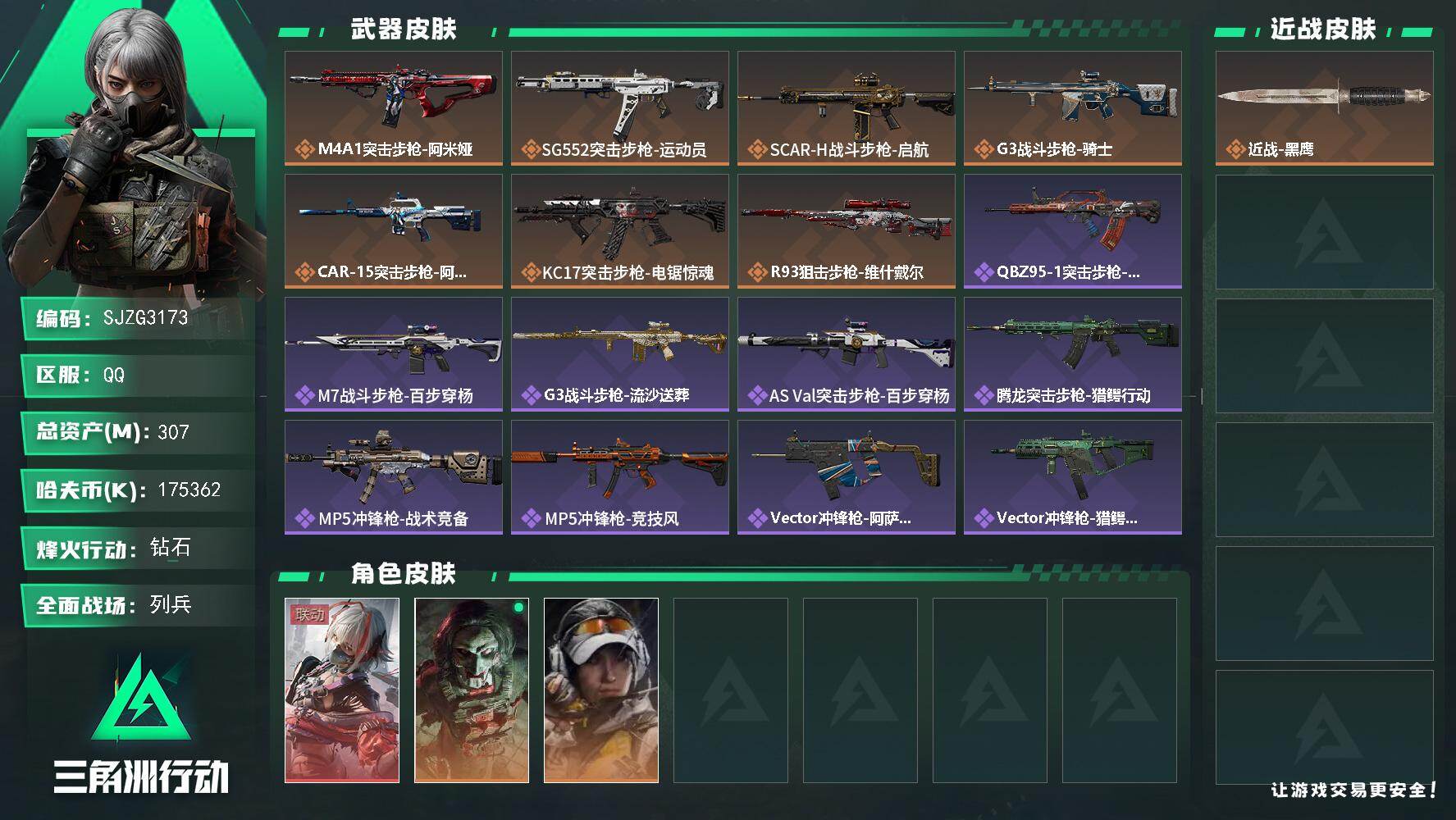 三角洲行动账号QQ【SJZG3173】总资产(M)：307M/哈夫币(K)：175362K/哈夫币(K)：175362