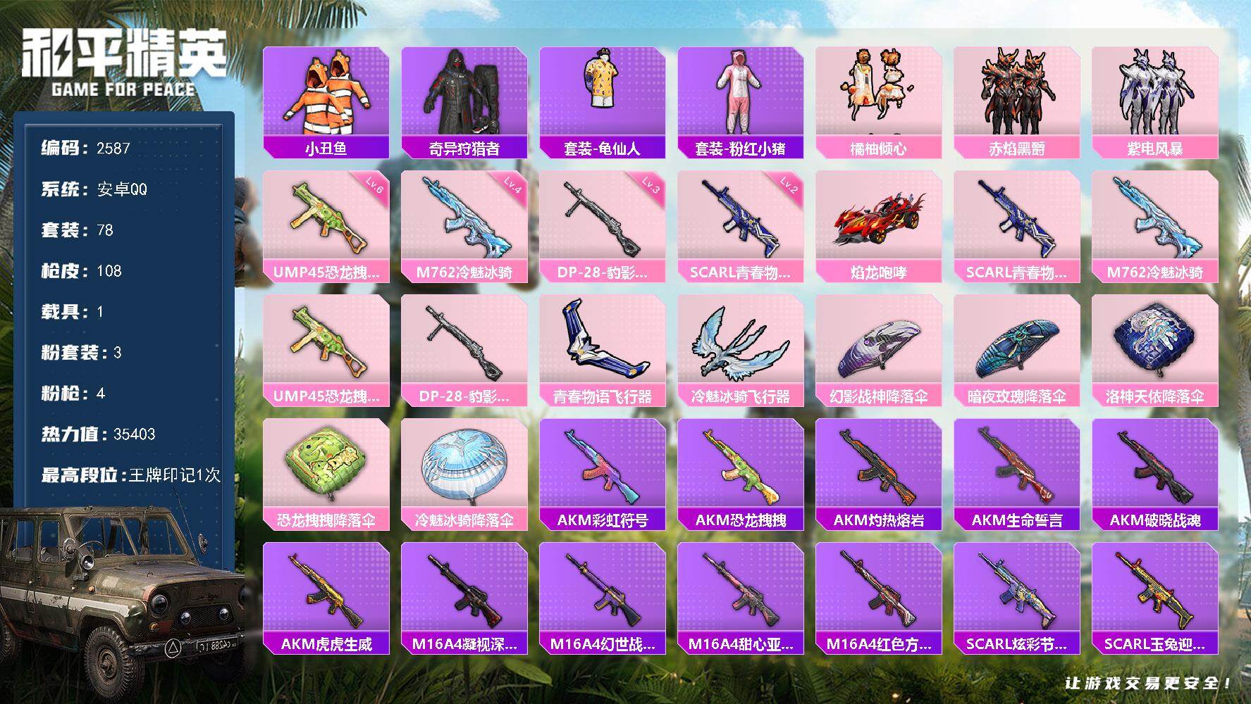 和平精英账号安卓QQ1载具-78套装-108枪皮-78套装/枪械4/装备100/载具1/战备65/王牌印记1/热力值35