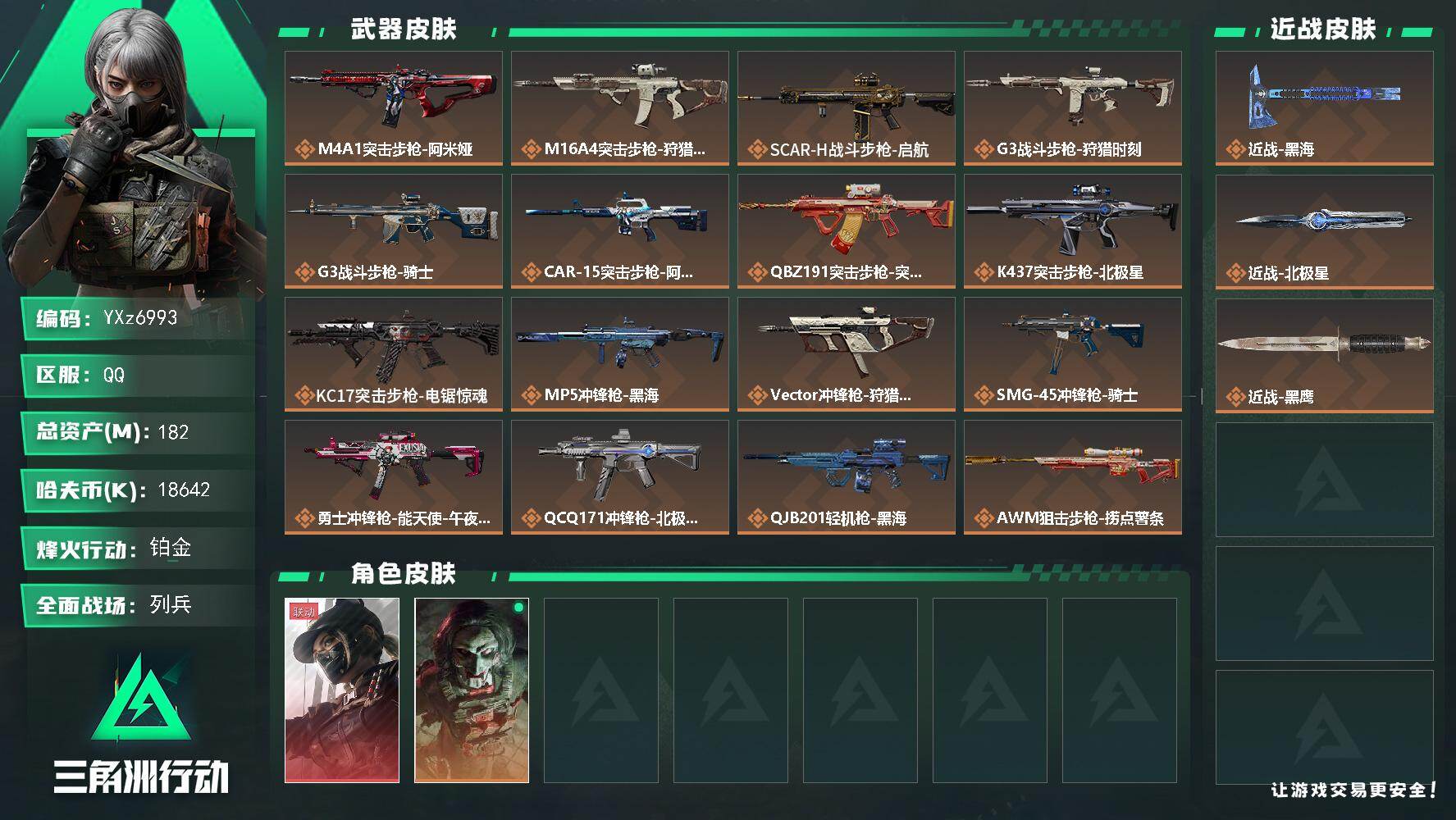 三角洲行动账号QQ【热门皮肤号：单红+双刀-黑天际线+北极星+黑海】
【Q区三端互通】【无二次】YXz6993-特勤处