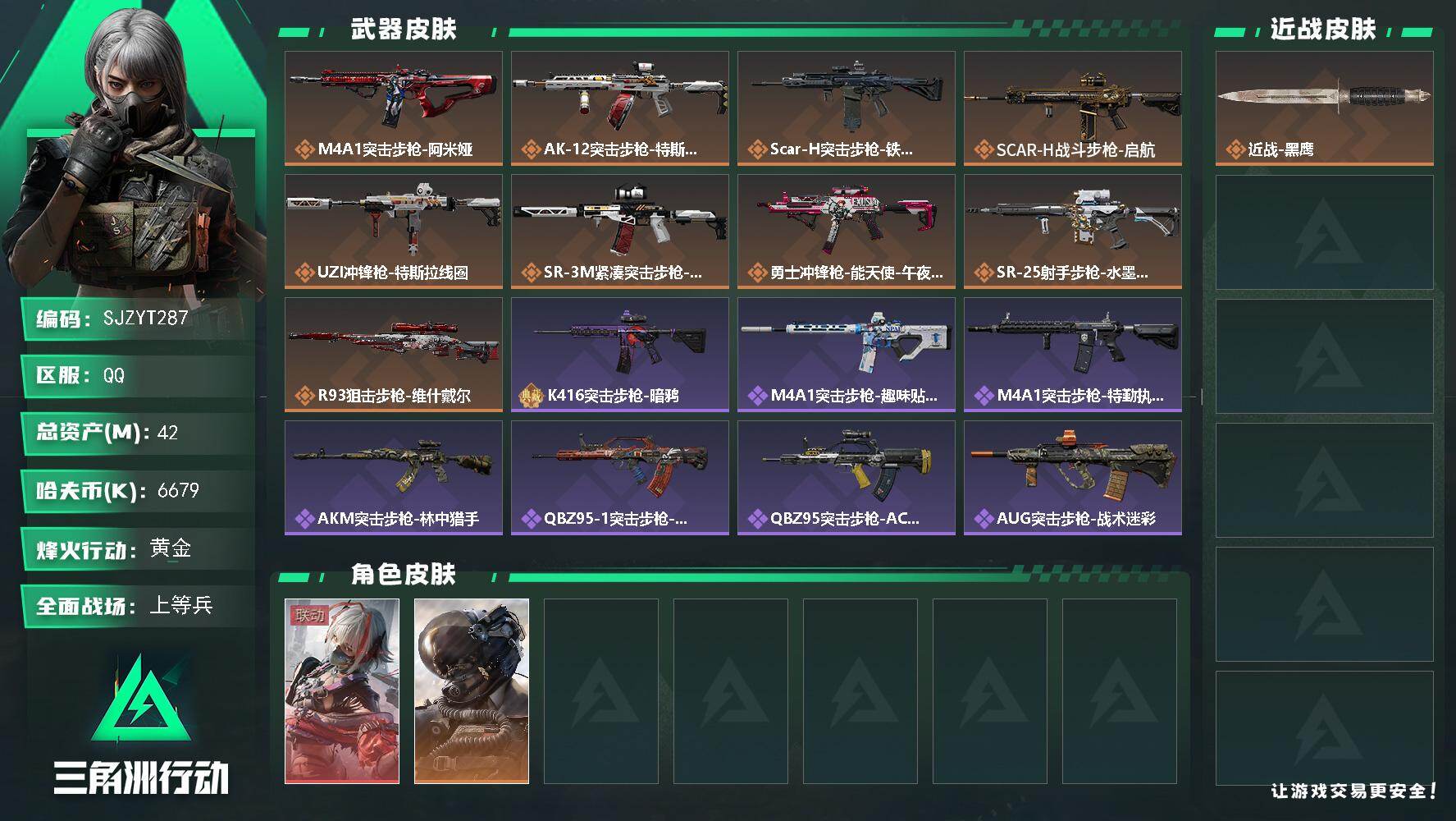 三角洲行动账号QQ【SJZYT287】总资产(M)：42M/哈夫币(K)：6679K/哈夫币(K)：6679K/传说枪