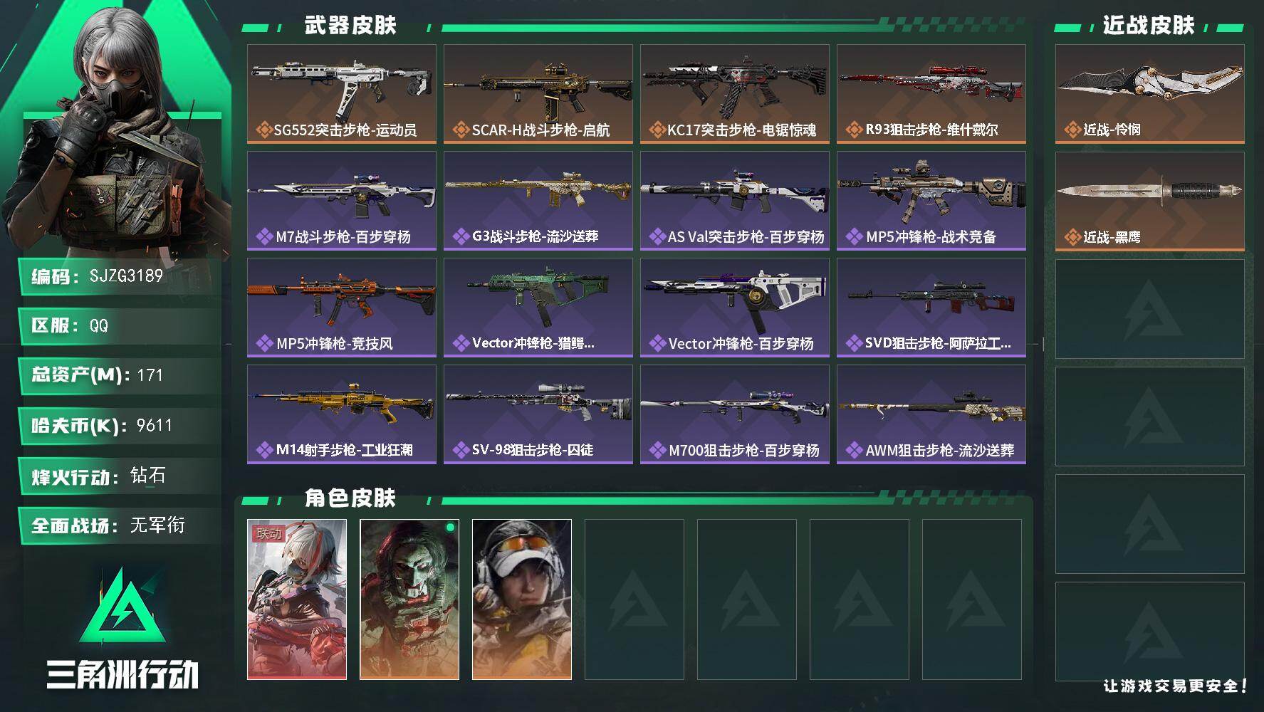 三角洲行动账号QQ【SJZG3189】总资产(M)：171M/哈夫币(K)：9611K/哈夫币(K)：9611K/传说