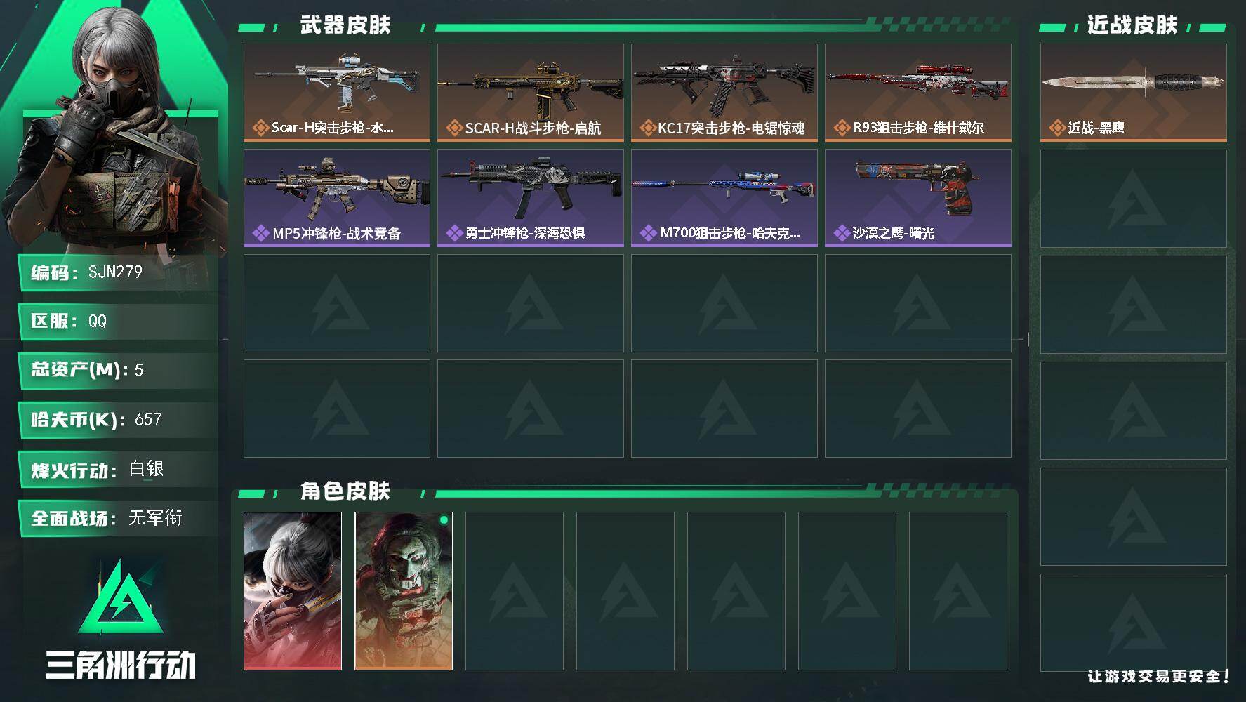 三角洲行动账号QQ【SJN279】总资产(M)：5M/哈夫币(K)：657K/哈夫币(K)：657K/传说枪皮数：4/全面战场等级：1_段位：无段位/烽火地带等级：29_段位：白银/骇爪-水墨云图/红狼-电锯惊魂/近