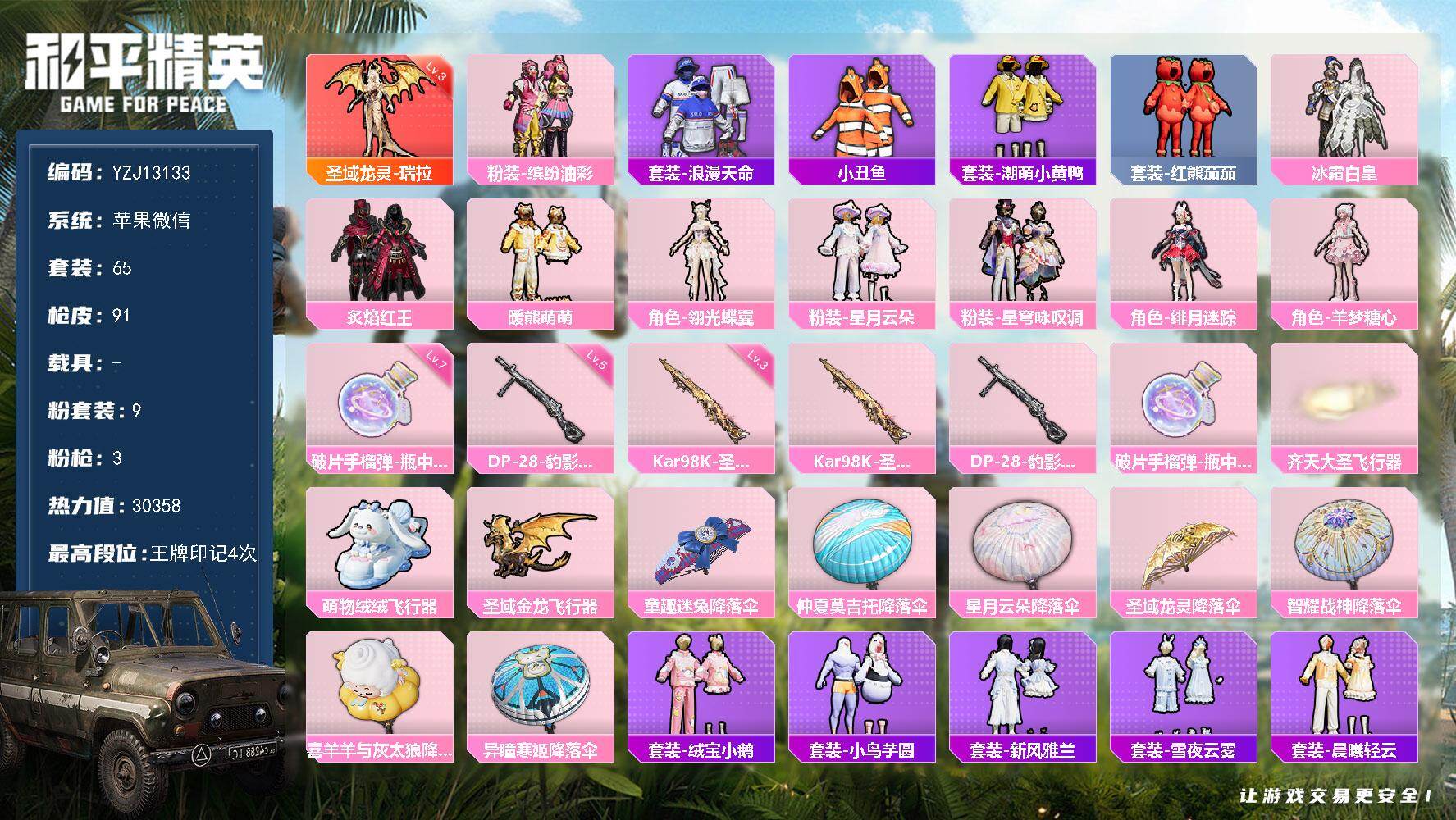 和平精英账号苹果微信0载具-65套装-91枪皮-可二次-苹果V-【场景限制】1红装1稀有9粉装3特效枪7热门【精品神装公