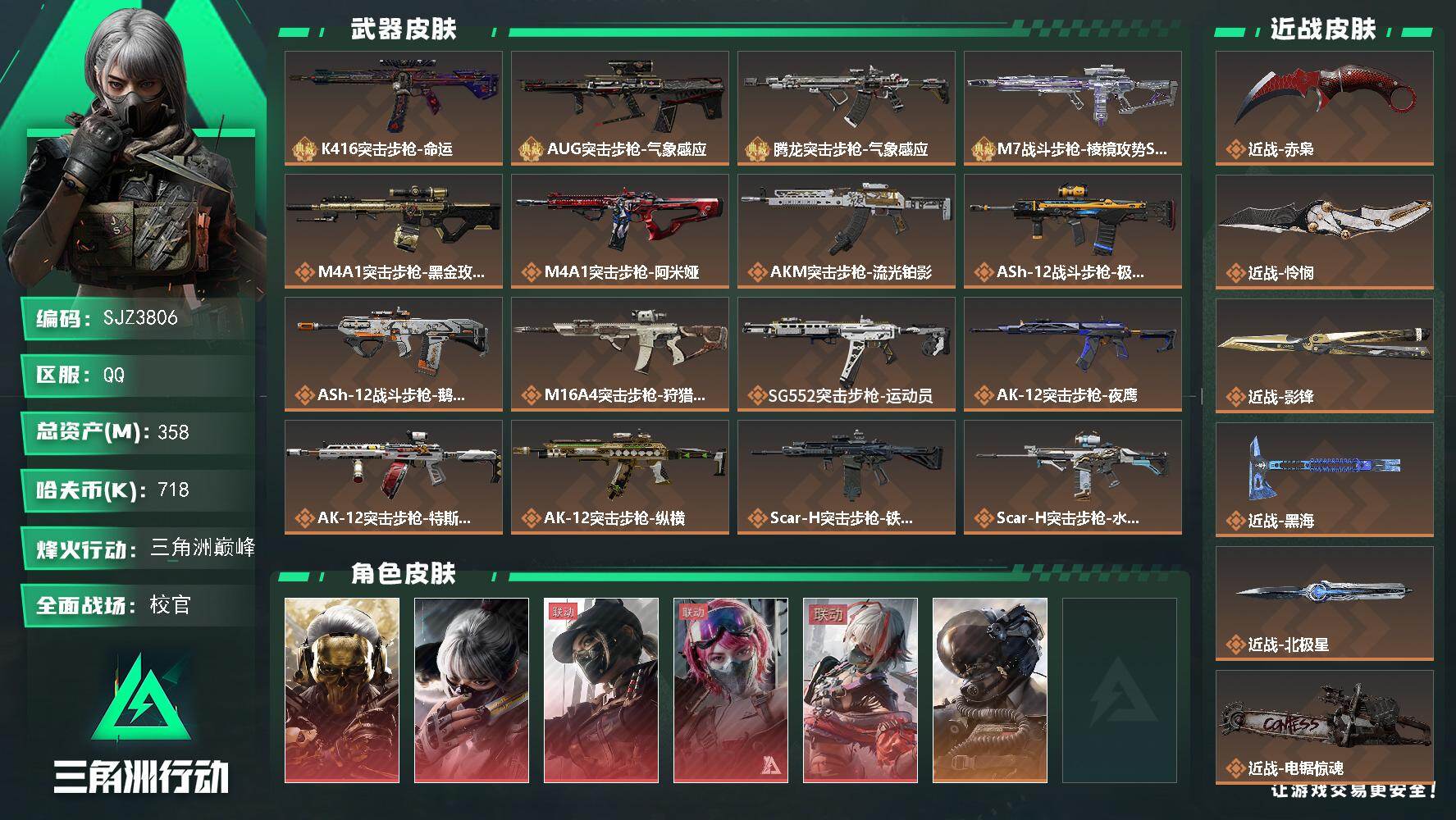 三角洲行动账号QQ【SJZ3806】总资产(M)：358M/哈夫币(K)：718K/哈夫币(K)：718K/传说枪皮数