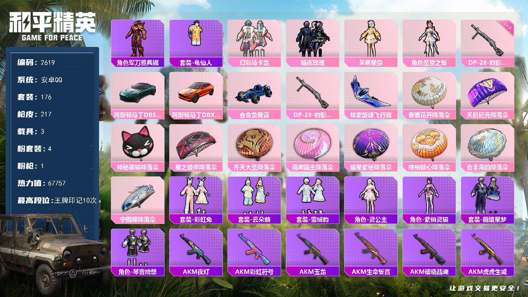 和平精英账号安卓QQ3载具-176套装-217枪皮-176套装/枪械1/装备222/载具3/战备169/王牌印记10/热