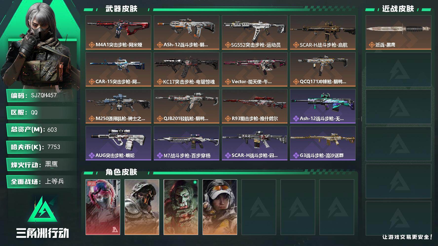 三角洲行动账号QQ【SJZQH457】总资产(M)：603M/哈夫币(K)：7753K/哈夫币(K)：7753K/传说