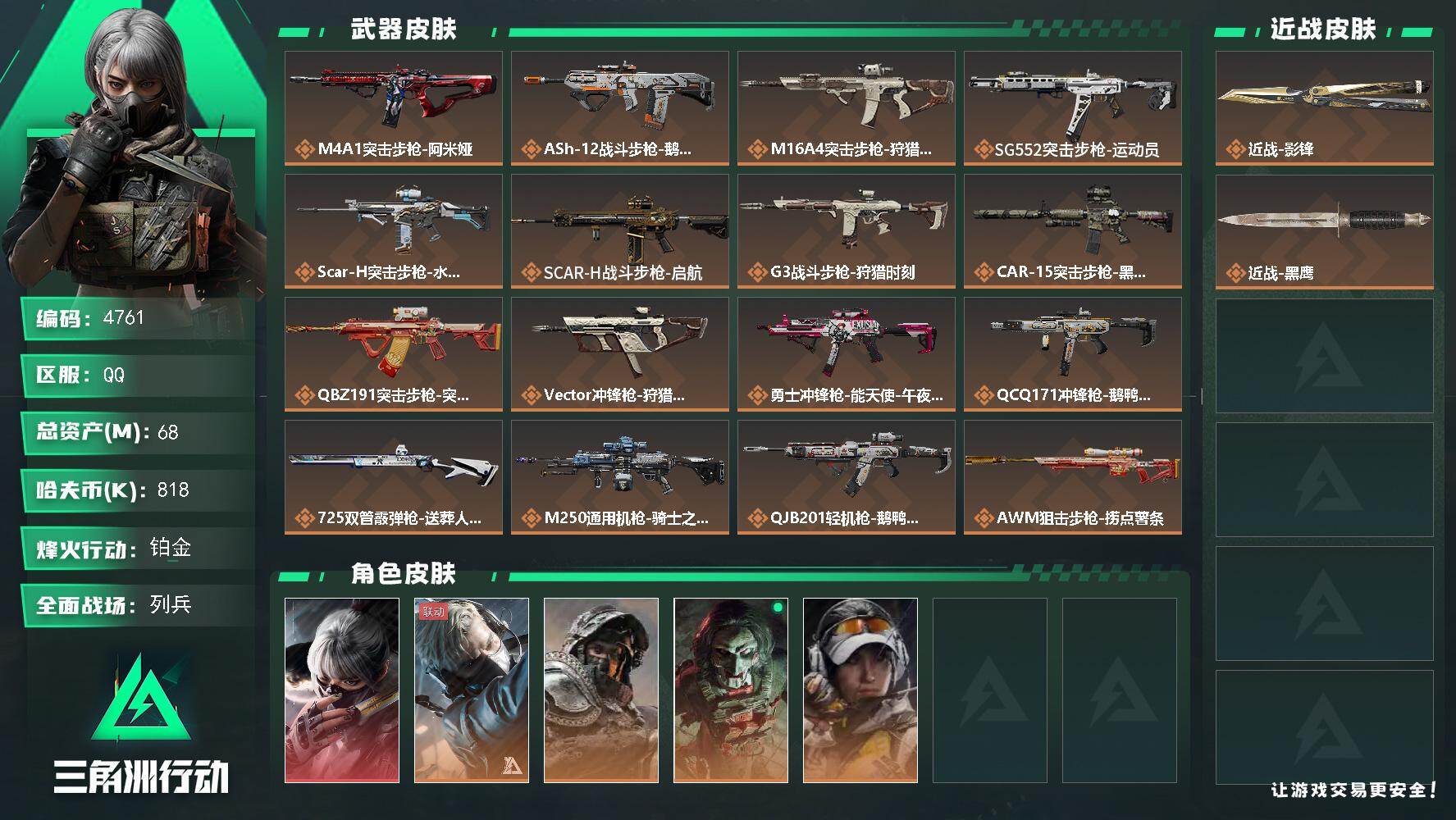三角洲行动账号QQ总资产(M)：68M/哈夫币(K)：818K/哈夫币(K)：818K/传说枪皮数：18/全面战场等级