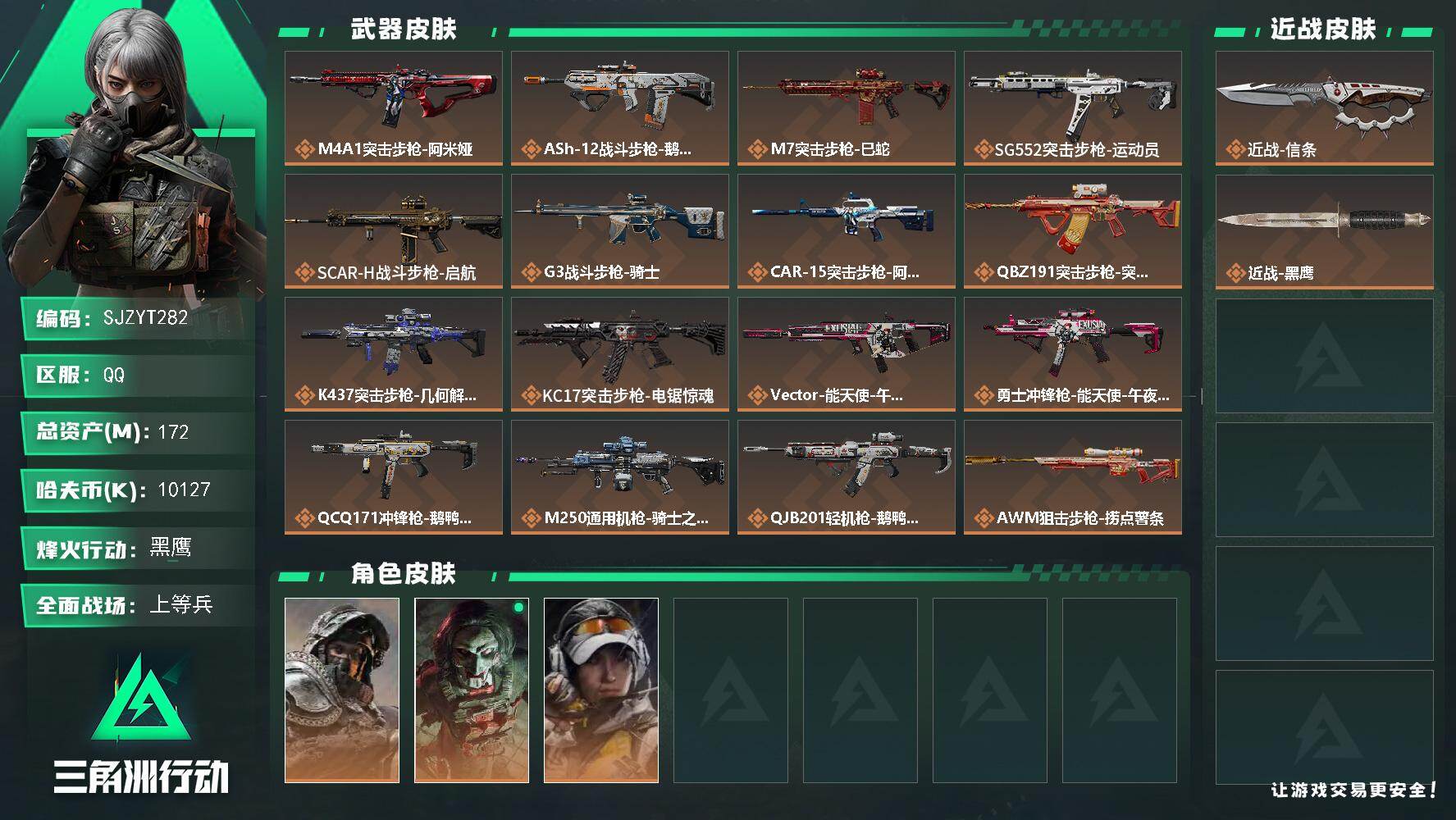 三角洲行动账号QQ【SJZYT282】总资产(M)：172M/哈夫币(K)：10127K/哈夫币(K)：10127K/