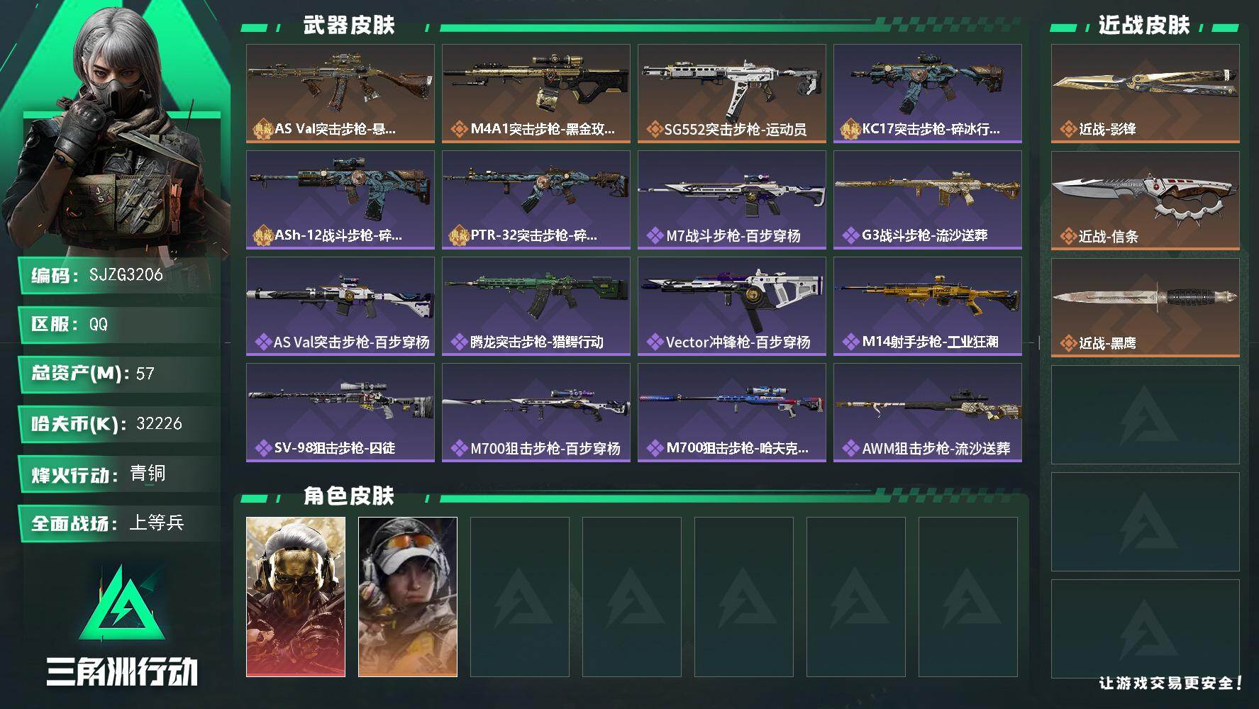 三角洲行动账号QQ【SJZG3206】总资产(M)：57M/哈夫币(K)：32226K/哈夫币(K)：32226K/传