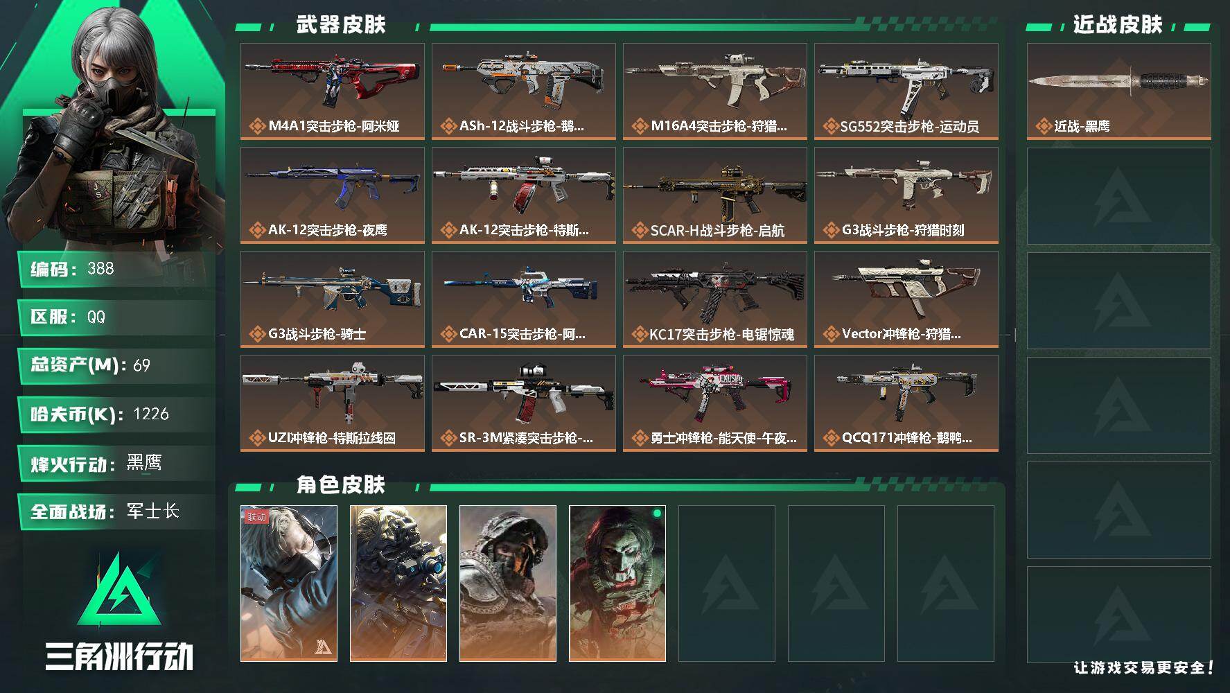 三角洲行动账号QQ【S7赛季6格】69m总资产-1226k哈伏币-60烽火等级-黑鹰-35战场等级-军士长【仓库8级+