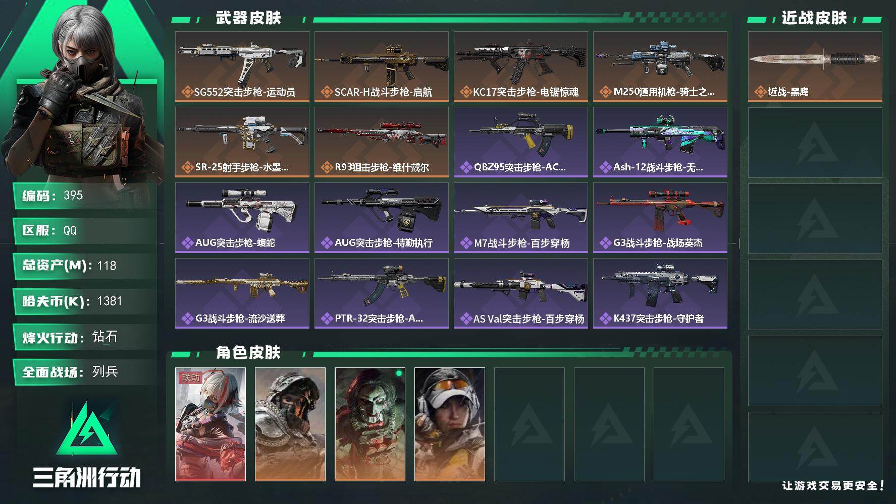 三角洲行动账号QQs7赛季安全箱9格，仓库8级，训练中心6级，
118m总资产-1381k哈伏币-60烽火等级-钻石-