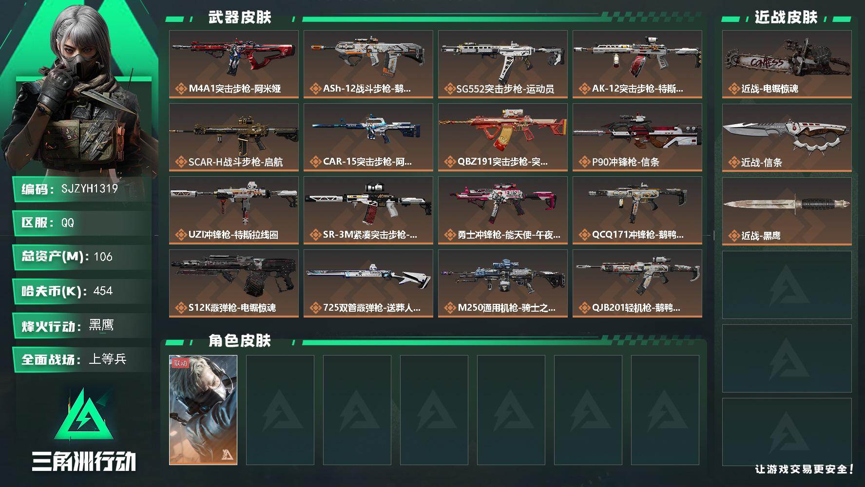 三角洲行动账号QQ【SJZYH1319】总资产(M)：106M/哈夫币(K)：454K/哈夫币(K)：454K/传说枪皮数：21/全面战场等级：22_段位：上等兵/烽火地带等级：60_段位：黑鹰/蜂医-送葬人·无题密
