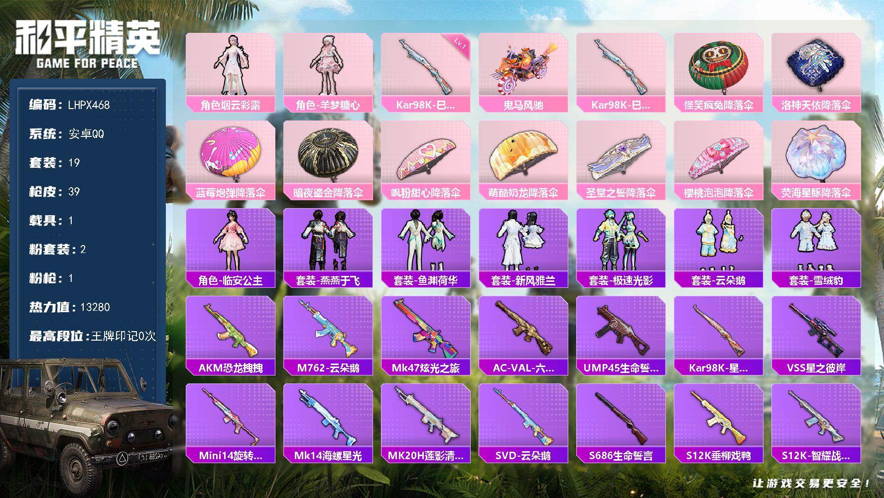 和平精英账号安卓QQ【店主推荐捡漏号！可直接换绑】安卓 手Q-2粉装-1特效枪-1载具-0粉色飞行器-13280热力值-0王牌印记-19套装-39枪皮
【粉色套装】：角色-烟云彩露，角色-羊梦糖心
【粉色枪皮等级】：K