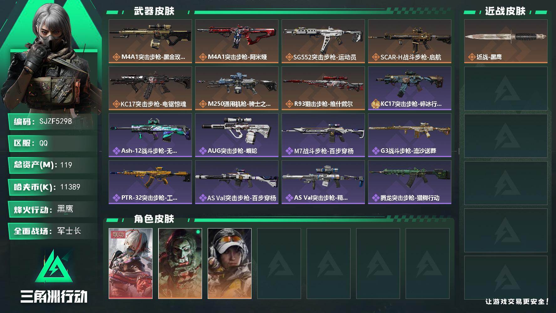 【SJZF5298】总资产(M)：119M/哈夫币(K)：11389K/哈夫币(K)：11389K/传说枪皮数：7/全面战场等级：42_段位：军士长/烽火地带等级：60_段位：黑鹰/骇爪-维什戴尔/