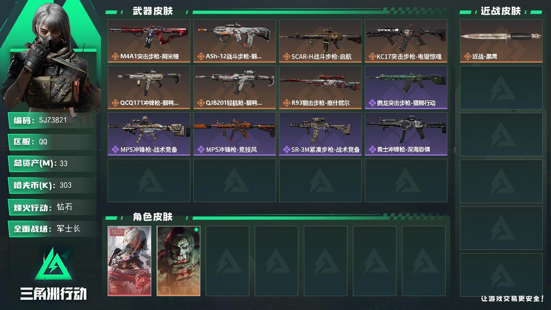 三角洲行动账号QQ【SJZ3821】总资产(M)：33M/哈夫币(K)：303K/哈夫币(K)：303K/传说枪皮数：