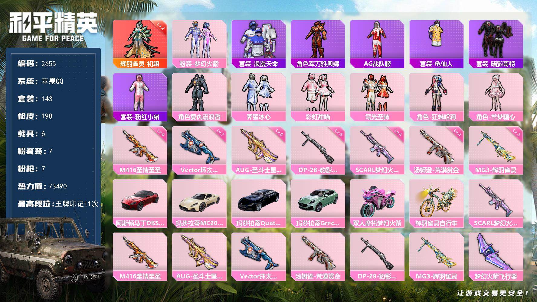 和平精英账号苹果QQ6载具-143套装-198枪皮-143套装/枪械7/装备209/载具6/战备140/王牌印记11/热