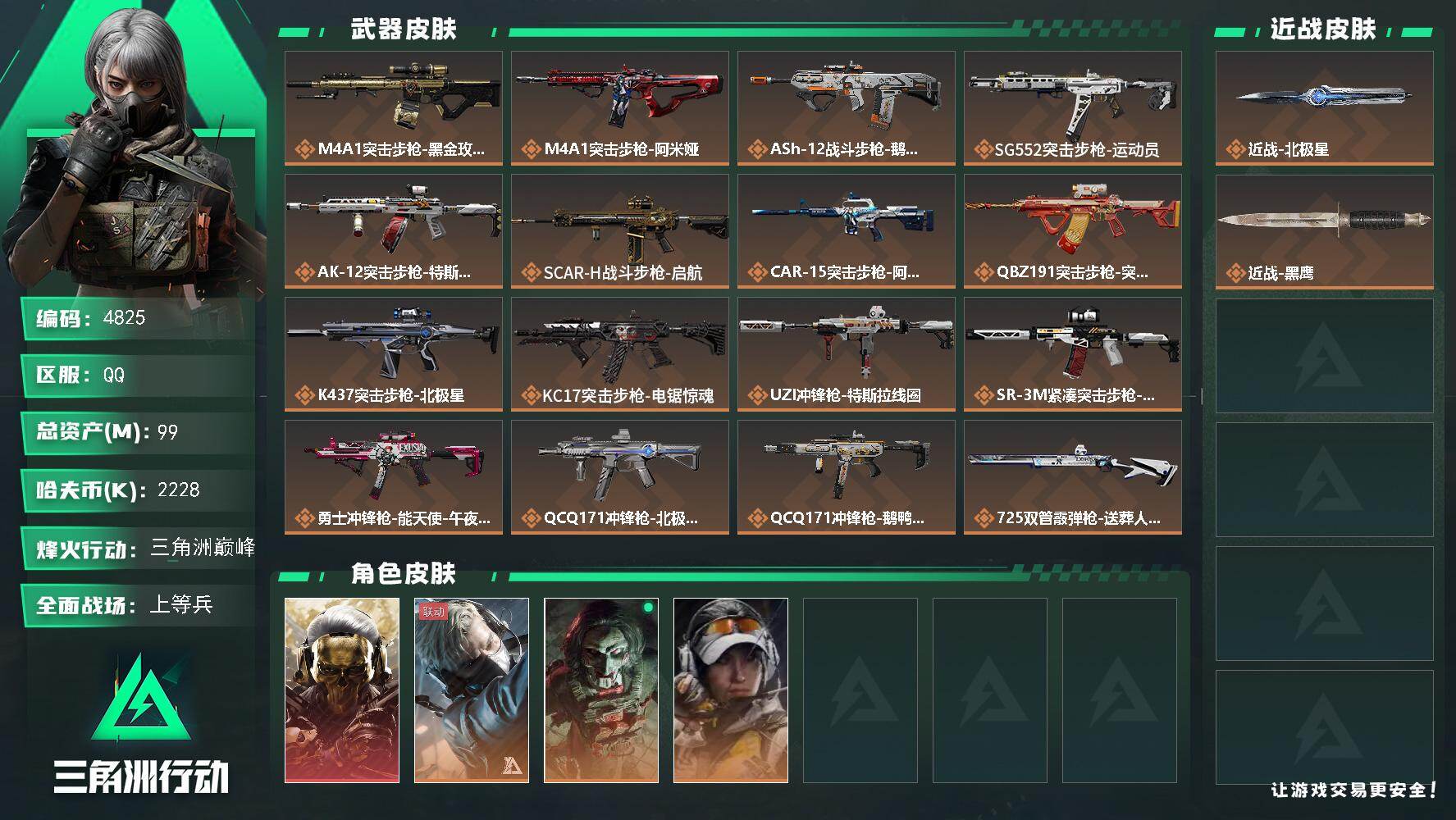 三角洲行动账号QQ总资产(M)：99M/哈夫币(K)：2228K/哈夫币(K)：2228K/传说枪皮数：21/全面战场