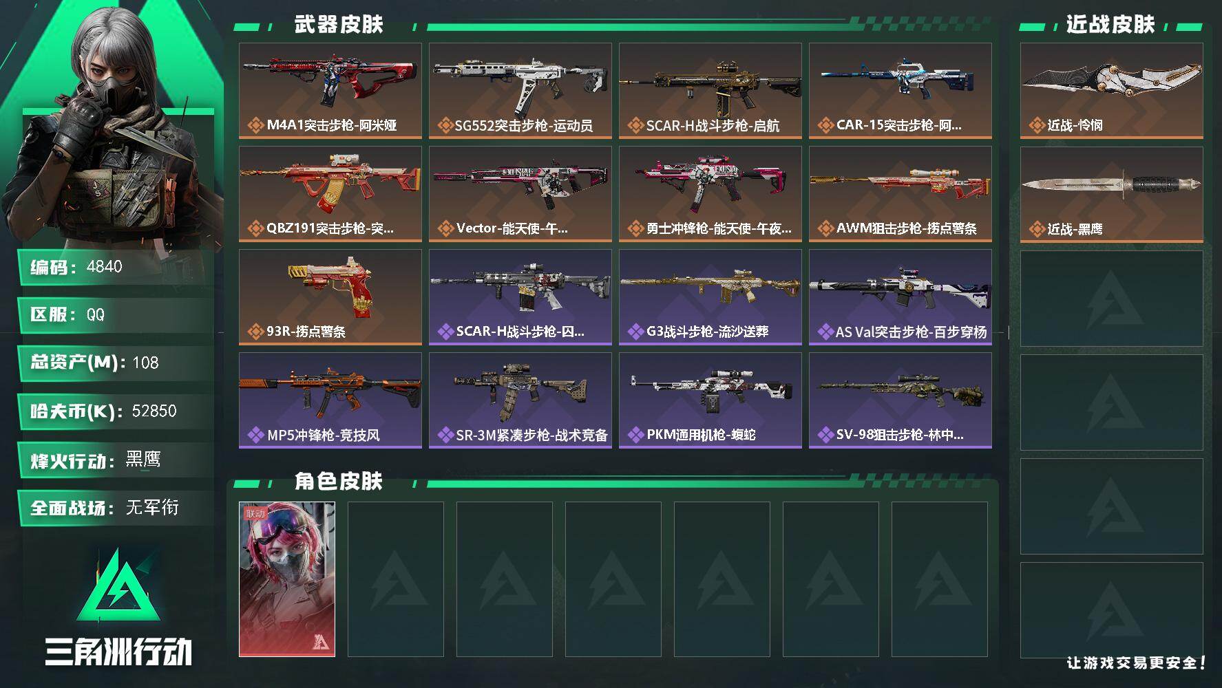 三角洲行动账号QQ总资产(M)：108M/哈夫币(K)：52850K/哈夫币(K)：52850K/传说枪皮数：9/全面