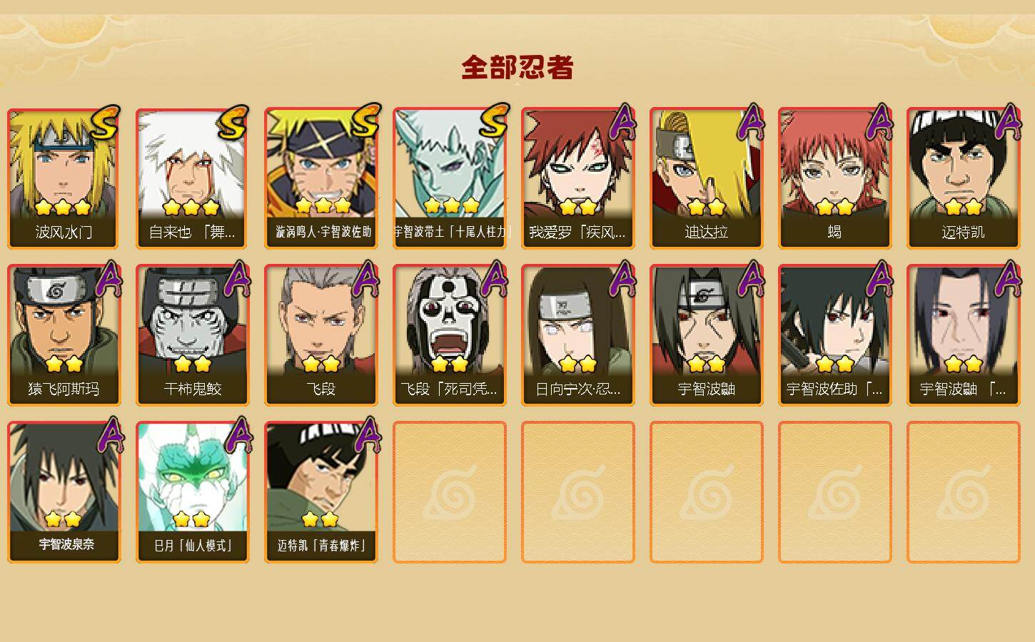 【HYD123】V1/战力365W/S忍4/A忍15/自来也「舞之豪杰」/日向宁次「忍界大战」/我爱罗「疾风传」/3星宇智波带土「十尾人柱力」/飞段「死司凭血」/宇智波鼬/迈特凯/蝎/飞段/3星漩涡