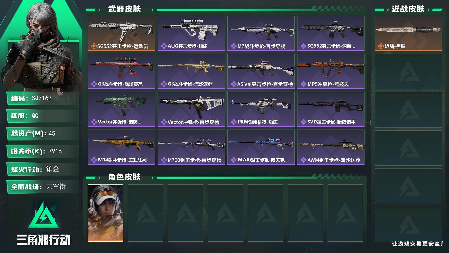 三角洲行动账号QQ【SJ7162】总资产(M)：45M/哈夫币(K)：7916K/哈夫币(K)：7916K/传说枪皮数：1/全面战场等级：5_段位：无段位/烽火地带等级：55_段位：铂金/露娜-金牌射手/近战-黑鹰/