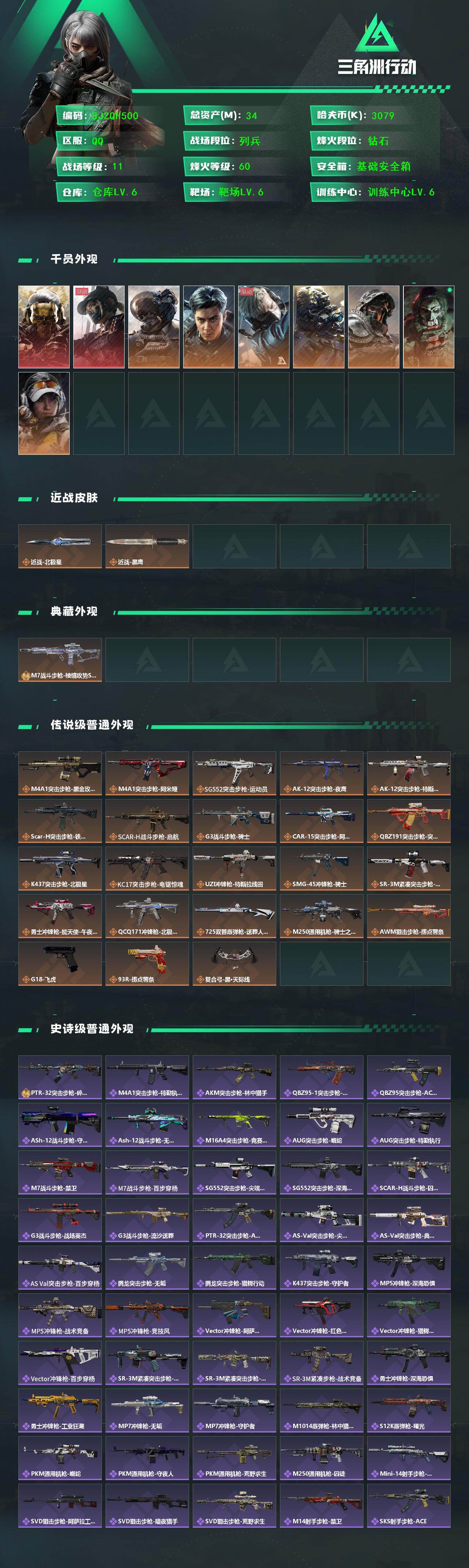 【SJZQH500】总资产(M)：34M/哈夫币(K)：3079K/哈夫币(K)：3079K/传说枪皮数：24/全面战场等级：11_段位：列兵/烽火地带等级：60_段位：钻石/红狼-蚀金玫瑰/露娜-