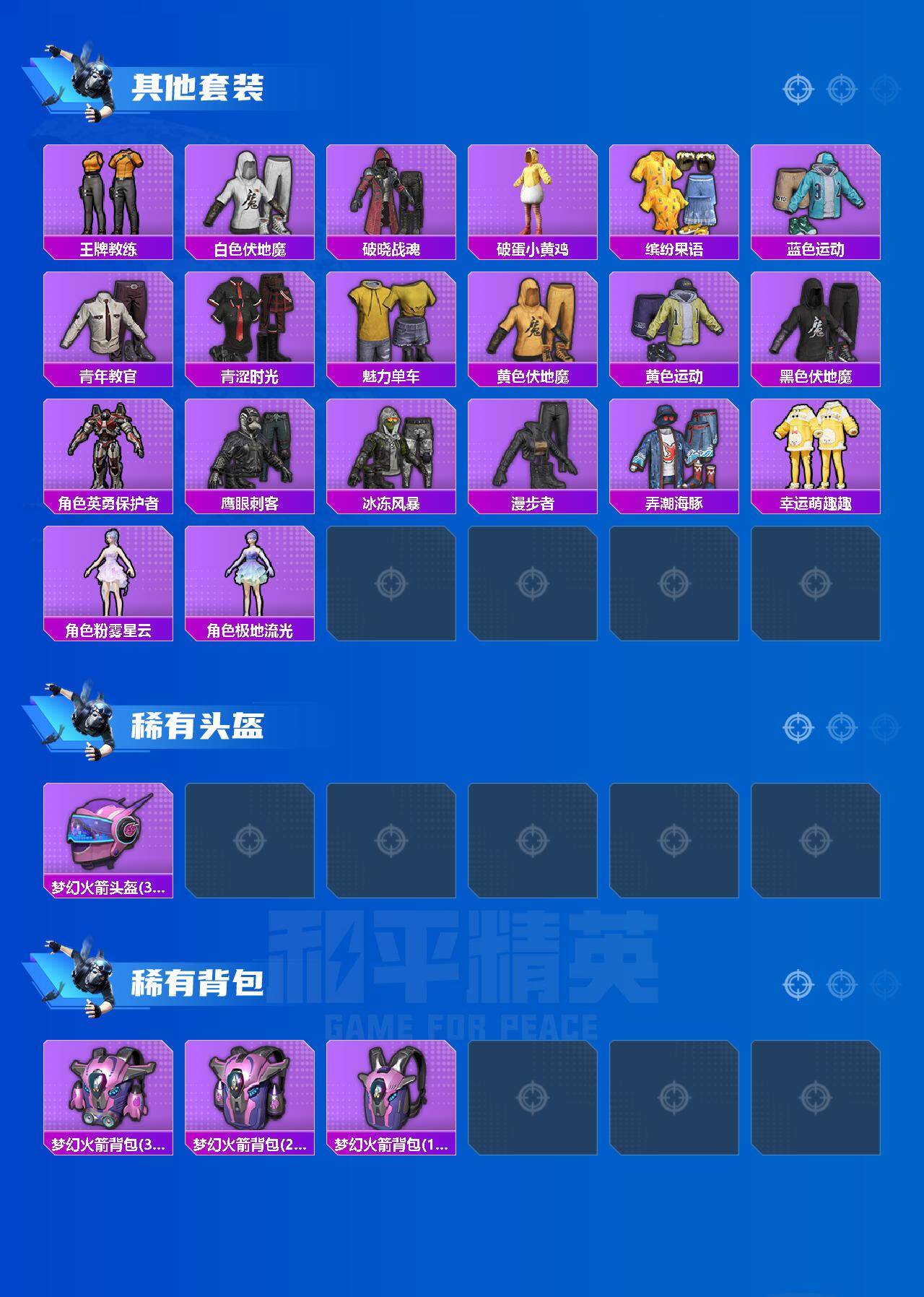 苹果 手Q-2粉装-6特效枪-2载具-2粉色飞行器-31715热力值-3王牌印记-68套装-102枪皮
【热门品类】：粉装-梦幻火箭，套装-冥河战士，套装-暗影哥特
【粉色套装】：粉装-梦幻火箭，角