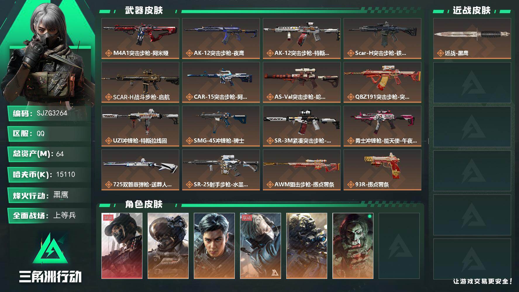 【SJZG3264】总资产(M)：64M/哈夫币(K)：15110K/哈夫币(K)：15110K/传说枪皮数：17/全面战场等级：26_段位：上等兵/烽火地带等级：60_段位：黑鹰/露娜-黑·天际线