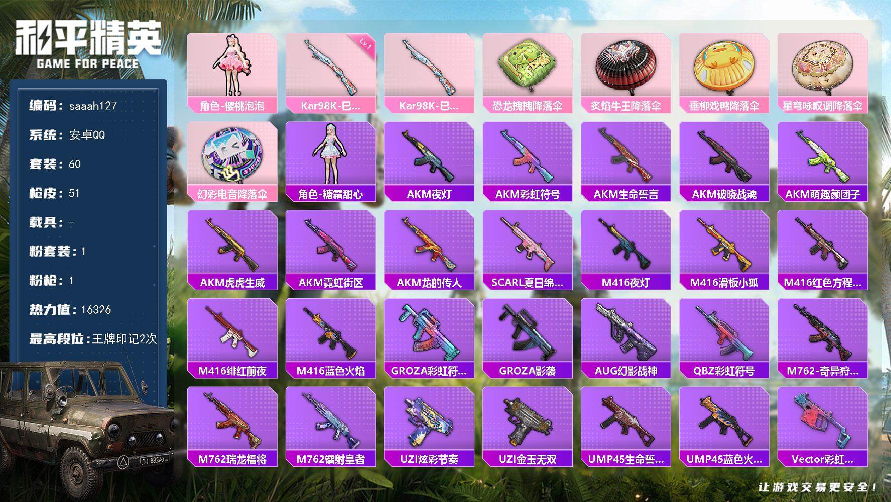 安卓 手Q-1粉装-1特效枪-0载具-0粉色飞行器-16326热力值-2王牌印记-60套装-51枪皮
【粉色套装】：角色-樱桃泡泡
【粉色枪皮等级】：Kar98K-巳巳如意(一级)
【粉色枪皮】：K