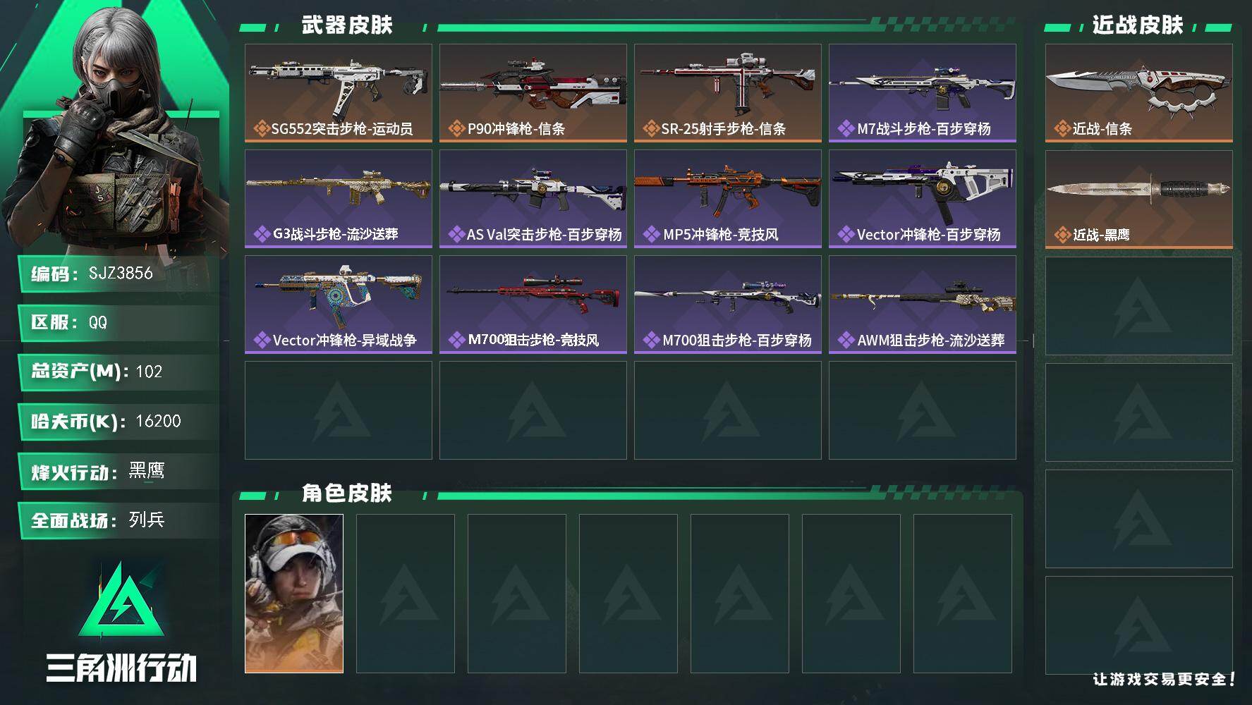 三角洲行动账号QQ【SJZ3856】总资产(M)：102M/哈夫币(K)：16200K/哈夫币(K)：16200K/传说枪皮数：3/全面战场等级：8_段位：列兵/烽火地带等级：60_段位：黑鹰/露娜-金牌射手/近战-