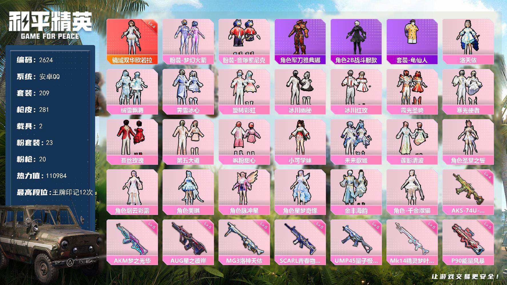和平精英账号安卓QQ2载具-209套装-281枪皮-209套装/枪械20/装备442/载具2/战备211/王牌印记12/